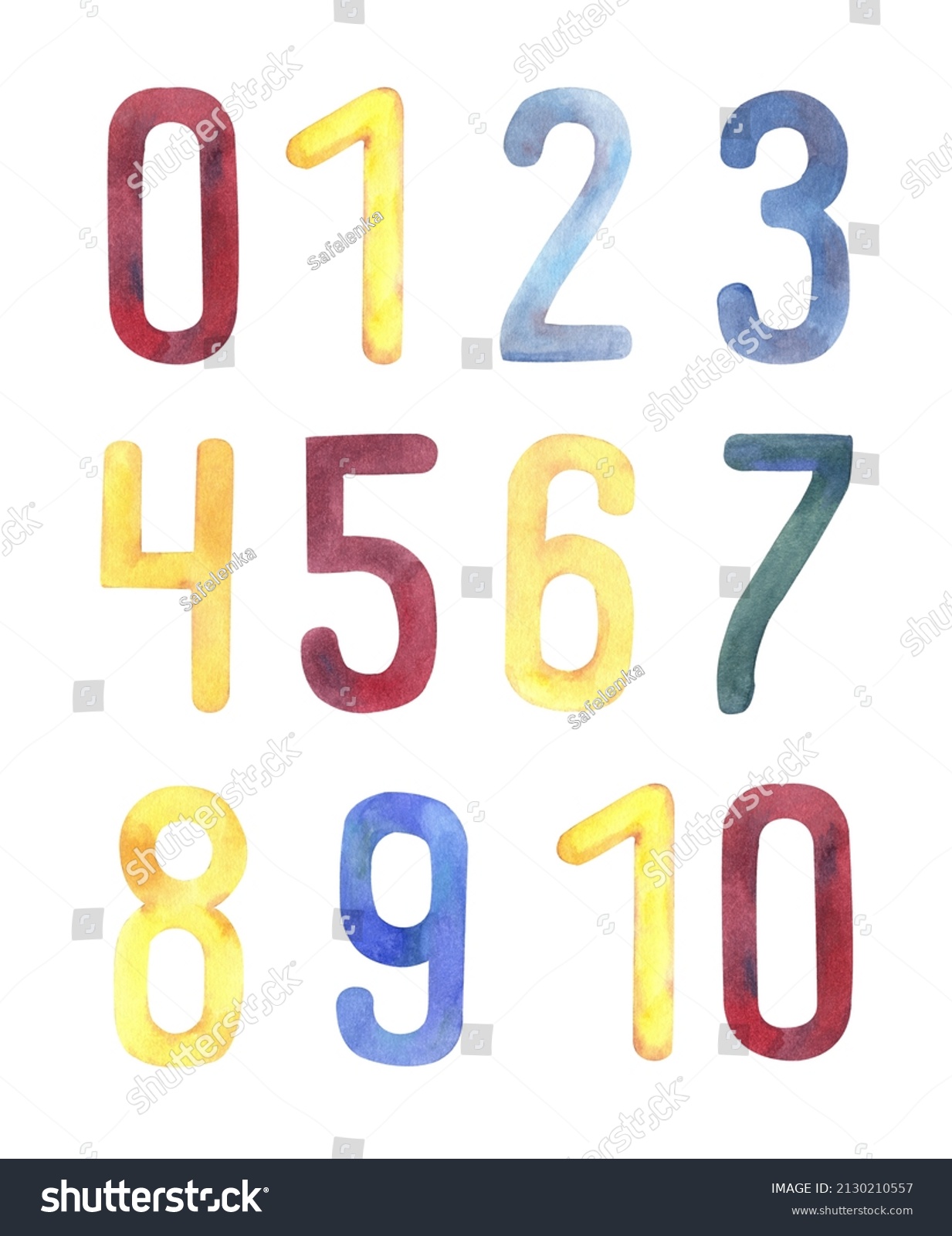 Watercolor Colored Numbers Isolated Illustrations Set Stock