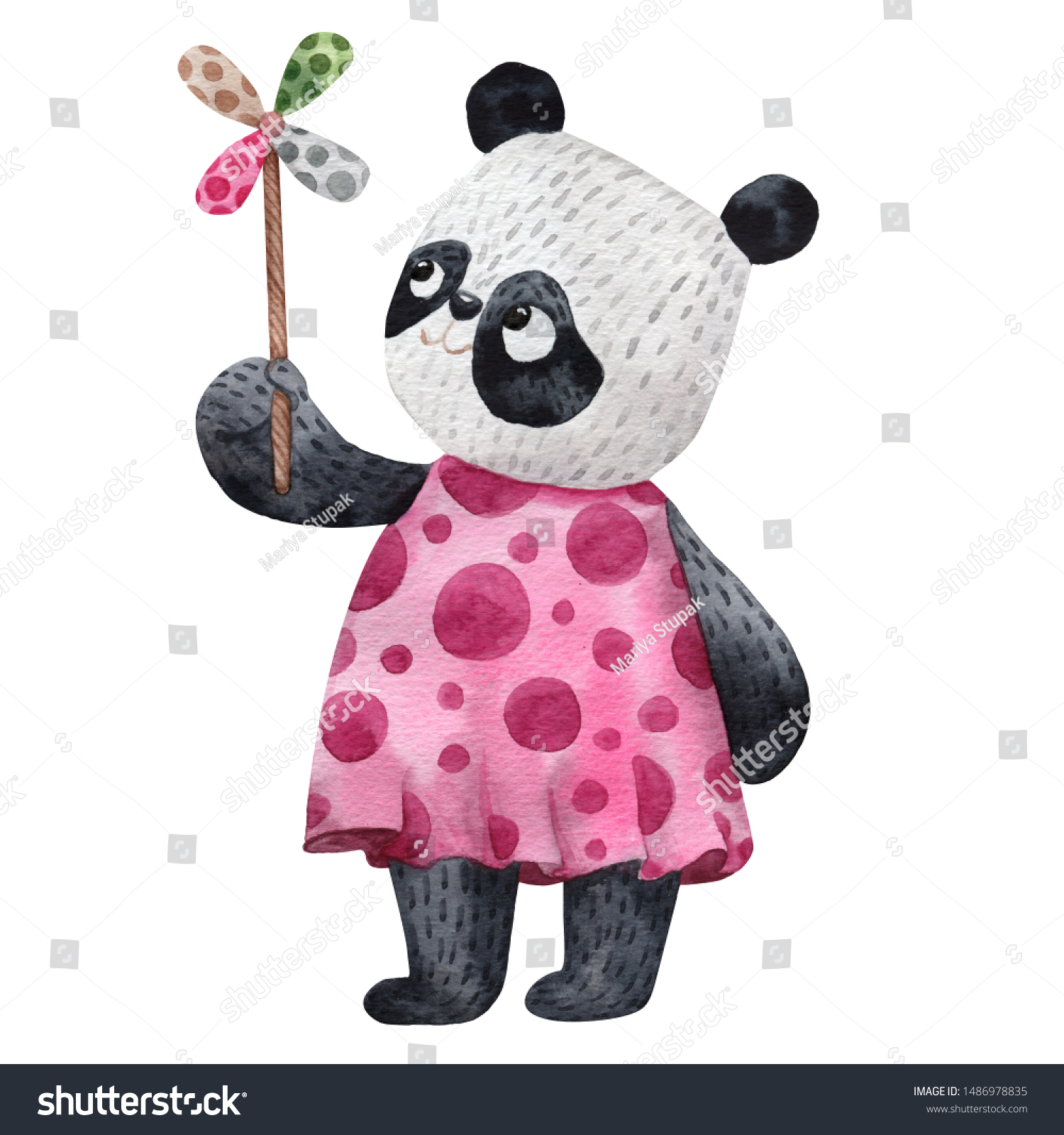 Watercolor Cute Panda Bear Hand Drawn Stock Illustration