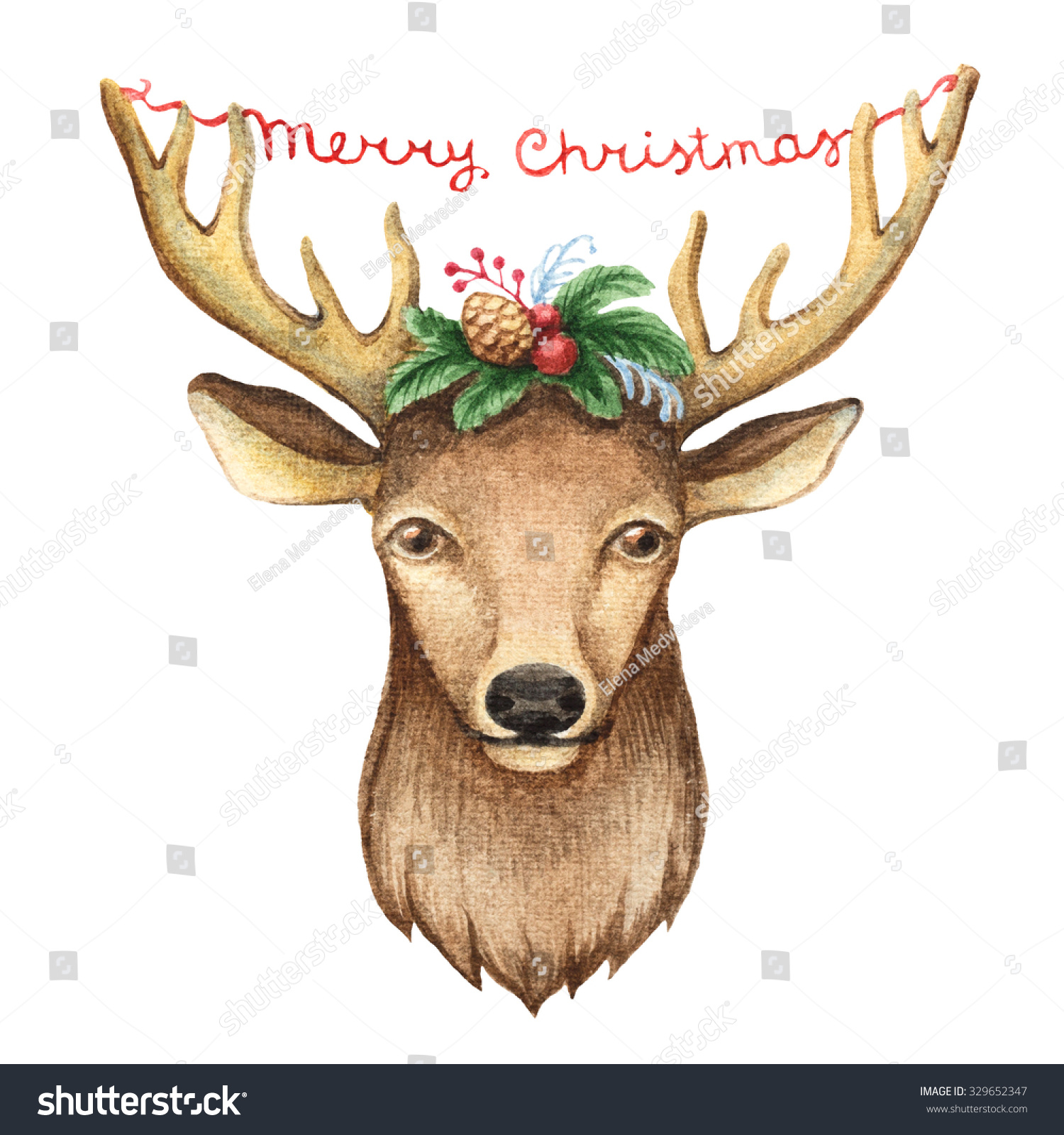 Watercolor Deer Head Illustration Christmas Cards Stock Illustration ...