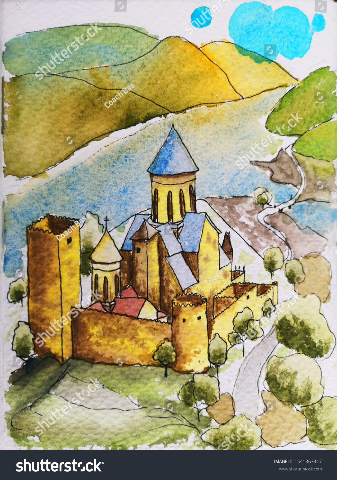 Watercolor Drawing Paint Caucasus Travel Tours Stock Illustration