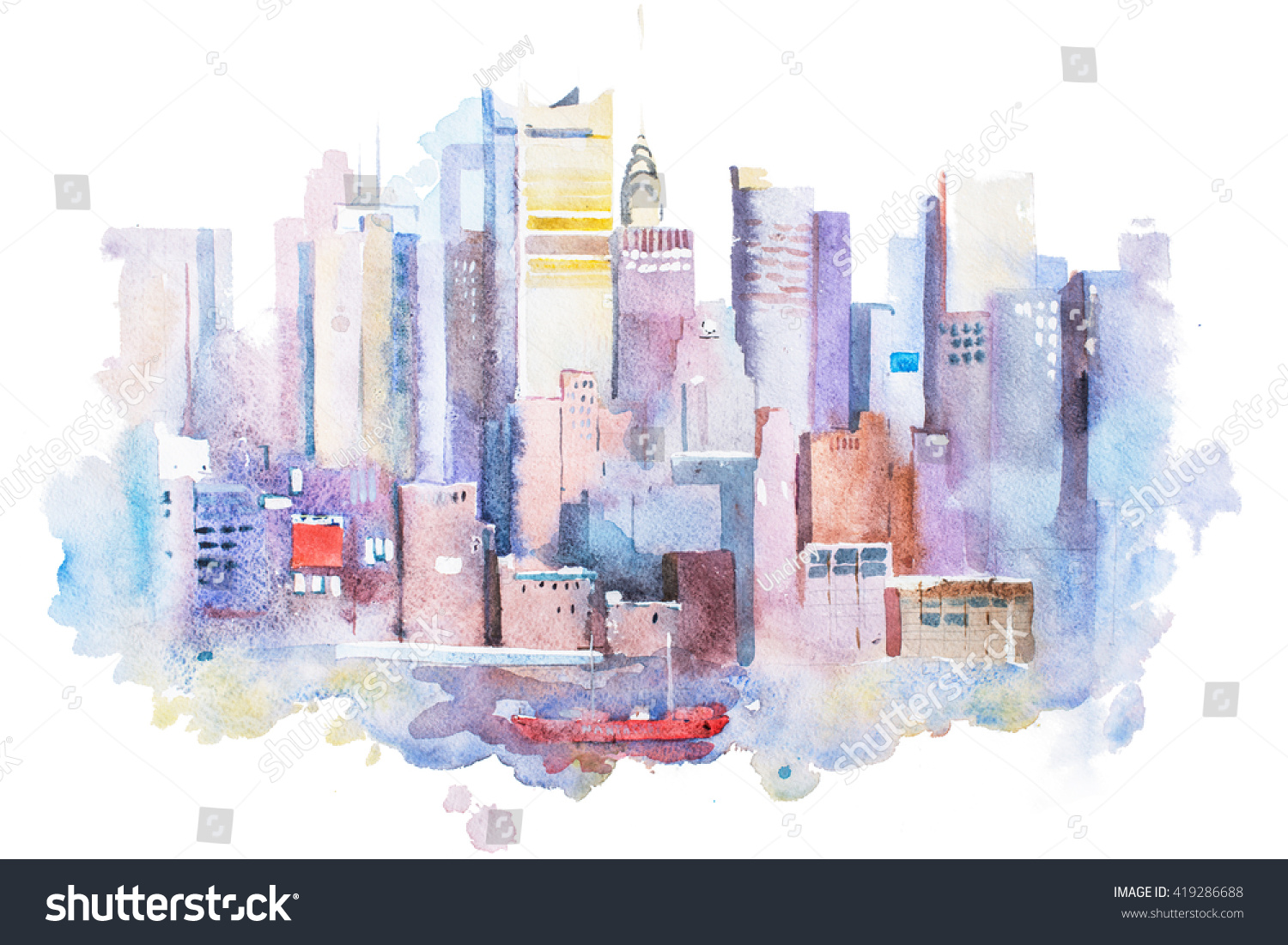 米国ニューヨークの都市景観の水彩画 マンハッタン水彩画 のイラスト素材