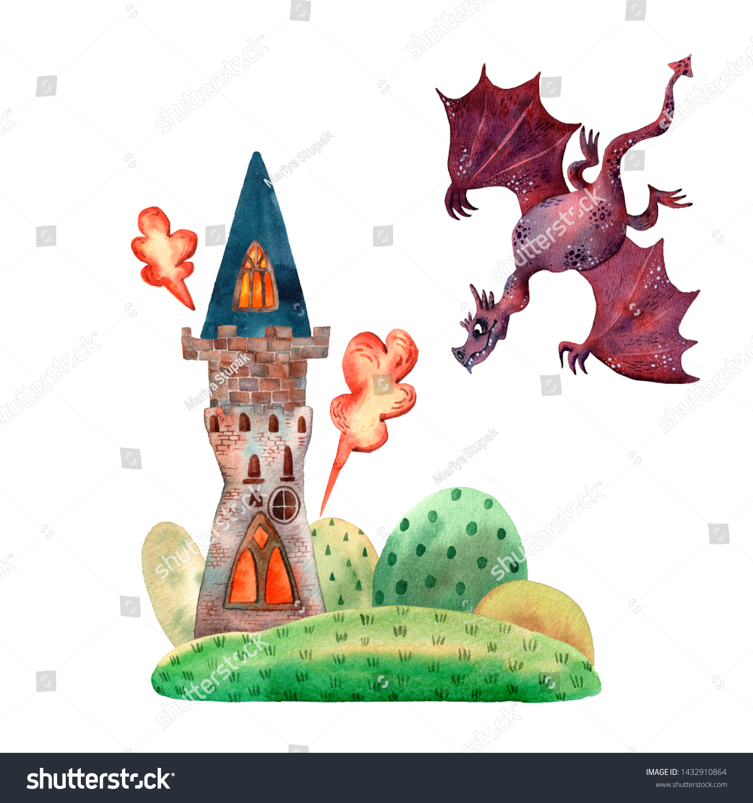 水彩のおとぎ話塔と竜 かわいいイラストの漫画 怖い獣に関する空想物語 火を吸うドラゴン 塔に火を放て 怪物に関する中世の幻想的な物語 のイラスト素材