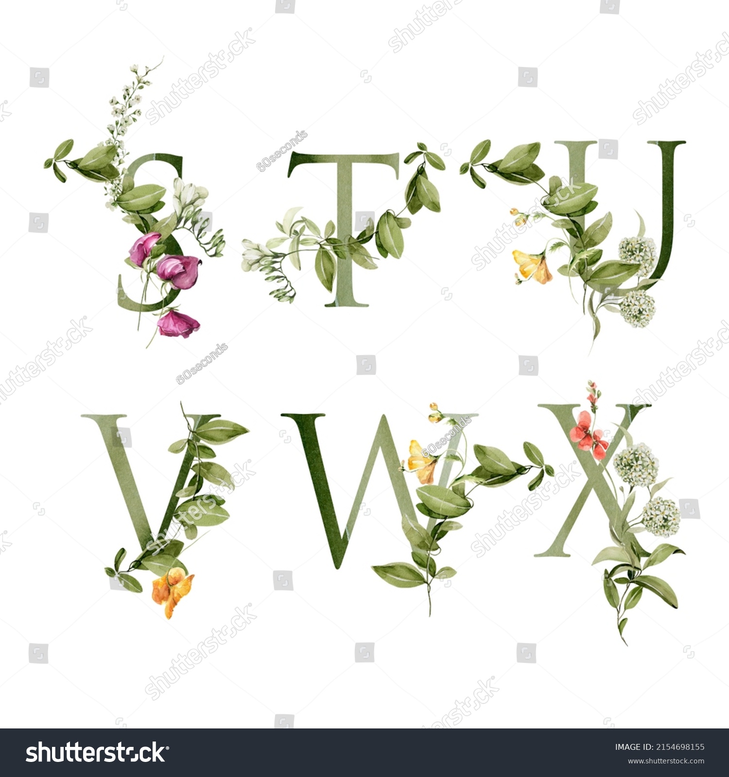 Watercolor Floral Alphabet Hand Painted Letters Stock Illustration