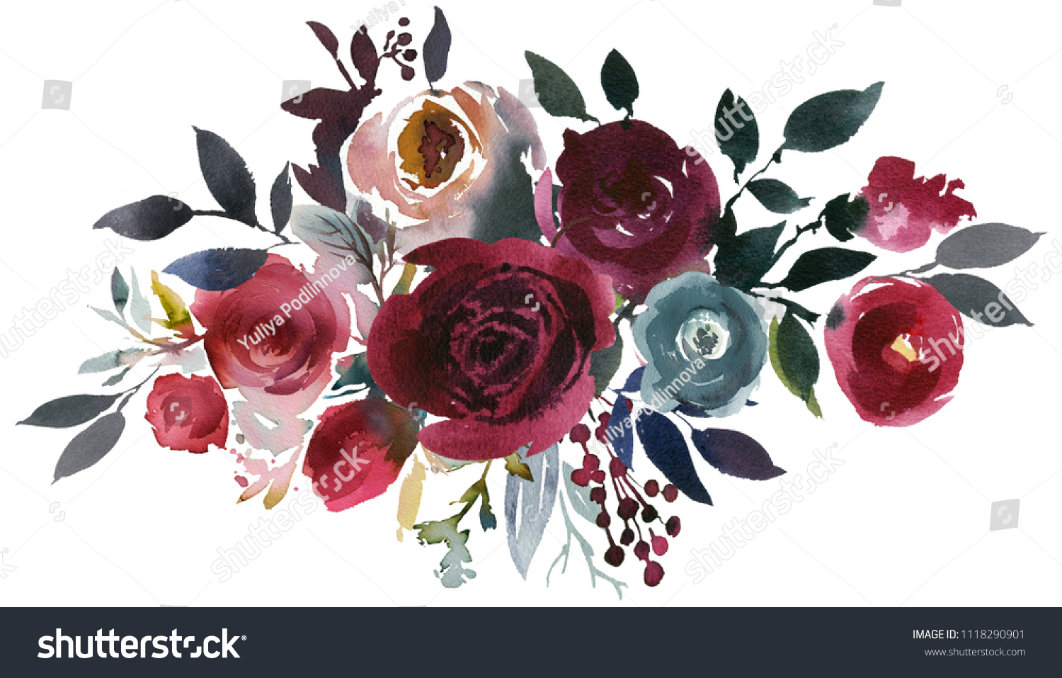 Download Watercolor Floral Bouquet Burgundy Bordo Red Stock Illustration 1118290901