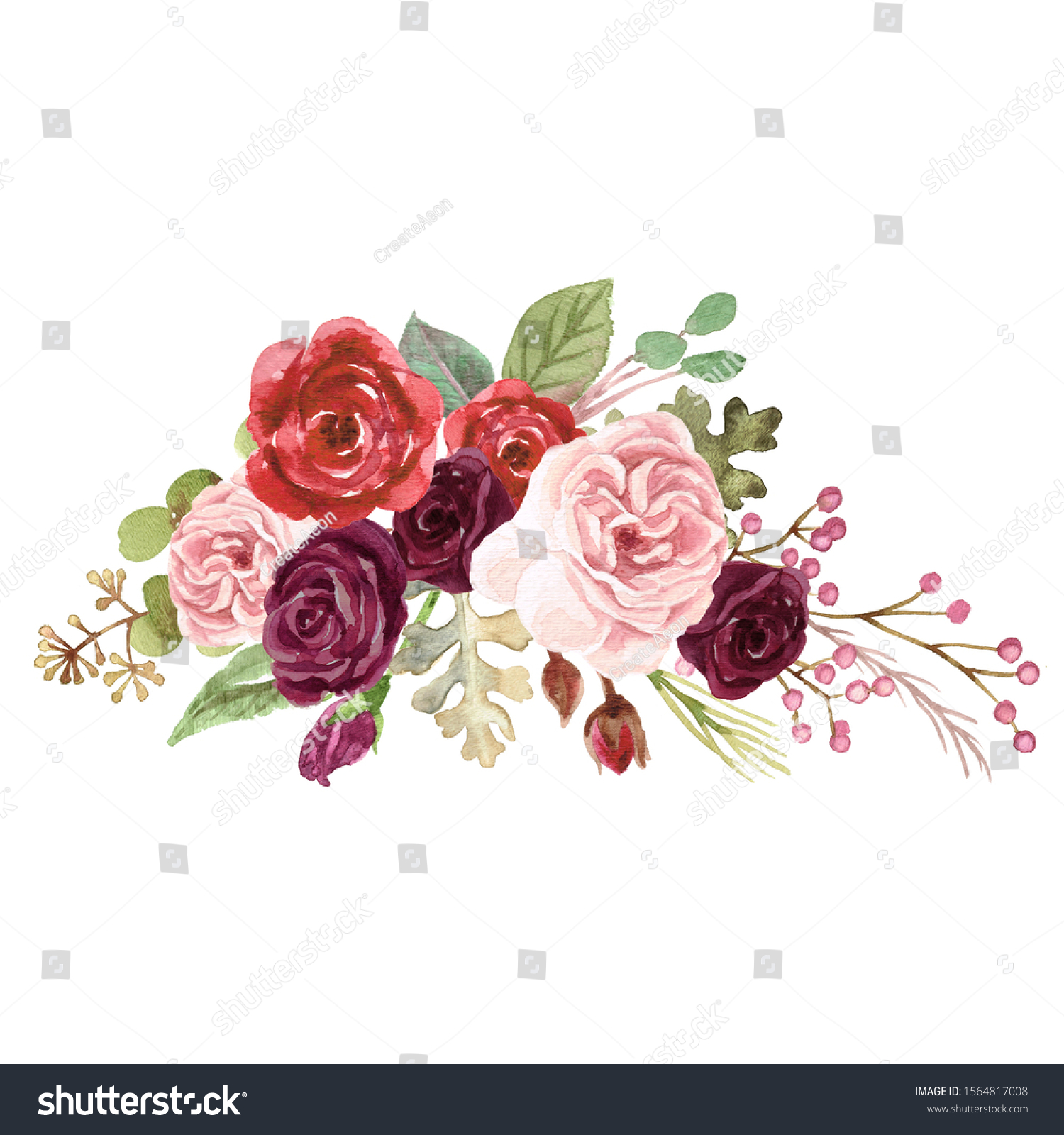 Watercolor Floral Bouquet Painting Marsala Roses Stock Illustration 1564817008