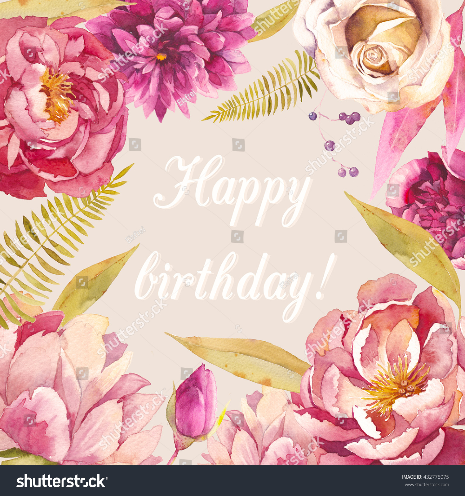 Watercolor Floral Frame. Hand Painted Happy Birthday Card Design With ...