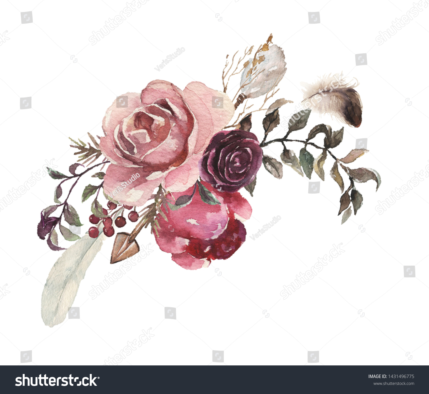 Watercolor Floral Illustration Bouquet Bright Pink Stock