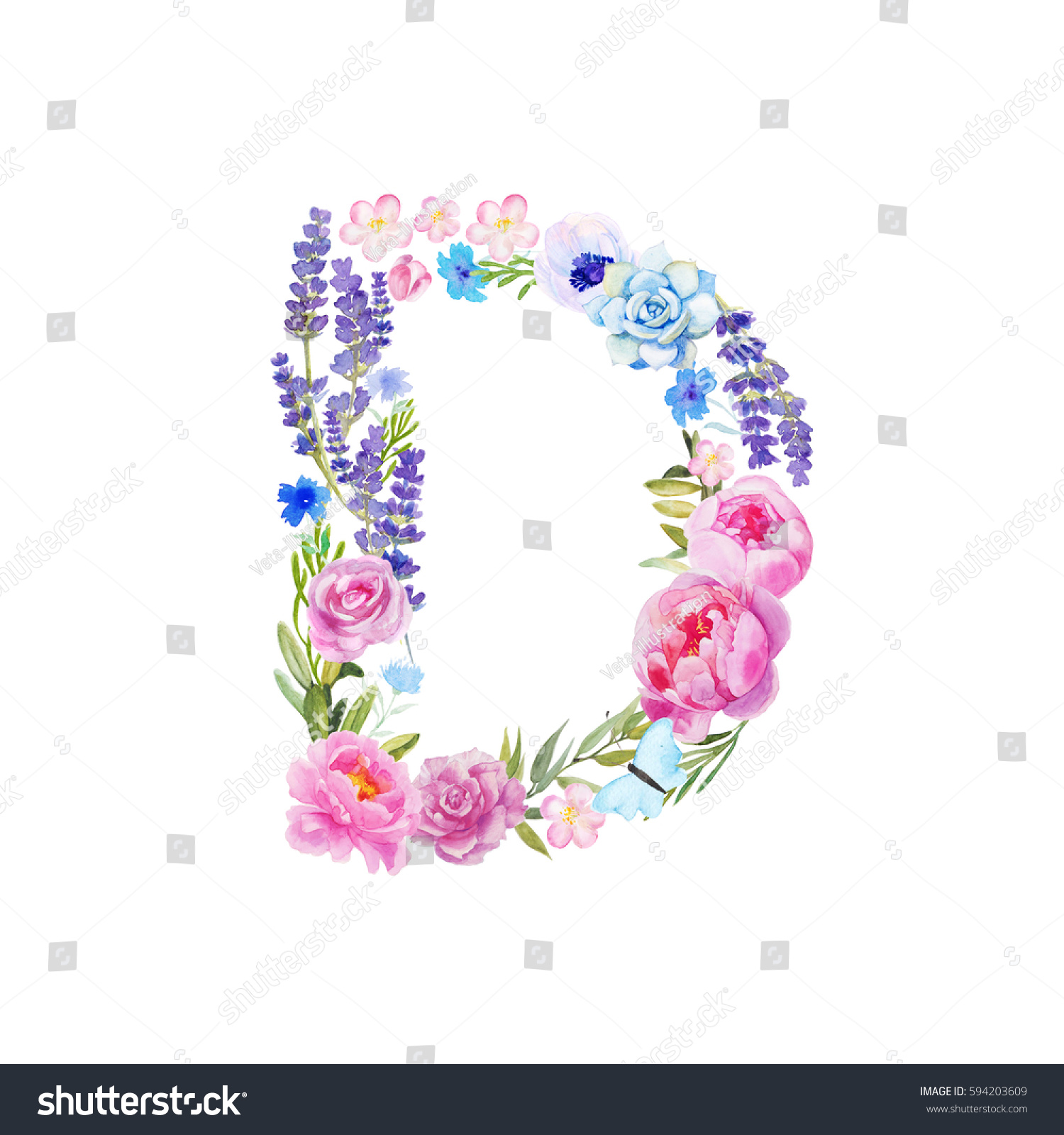 Download Watercolor Floral Monogram Letter D On Stock Illustration 594203609