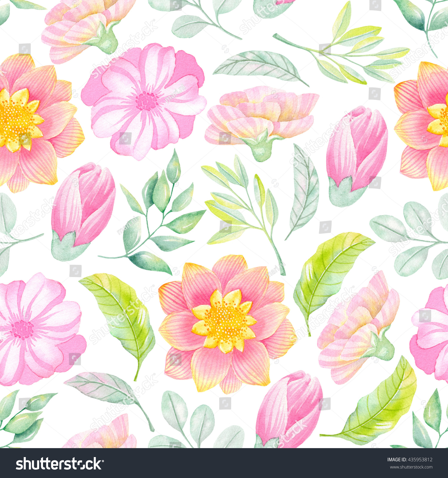 Watercolor Floral Seamless Patternpink Flowers Watercolor Stock ...