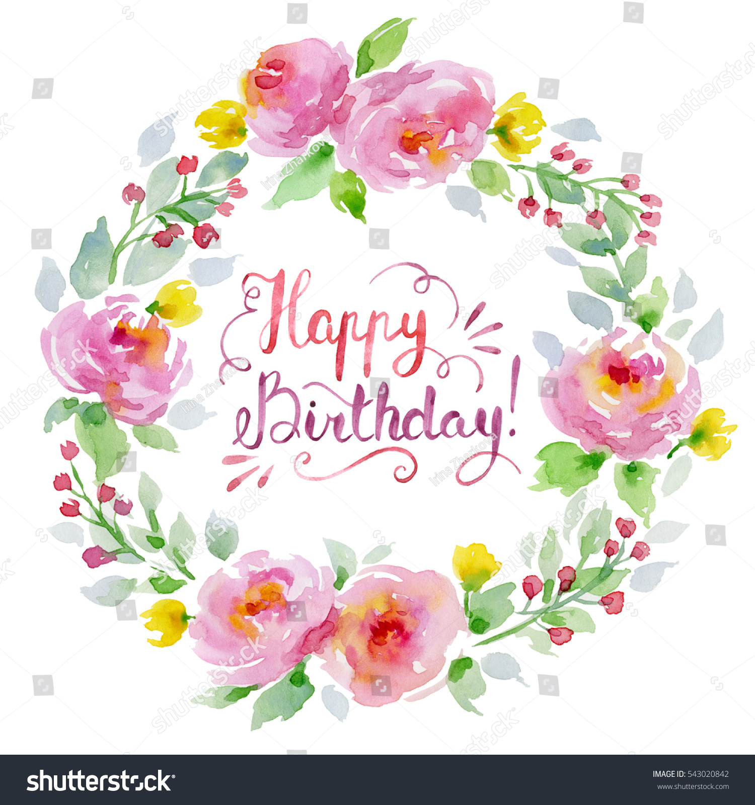 Watercolor Floral Wreath Happy Birthday Lettering Stock Illustration Shutterstock