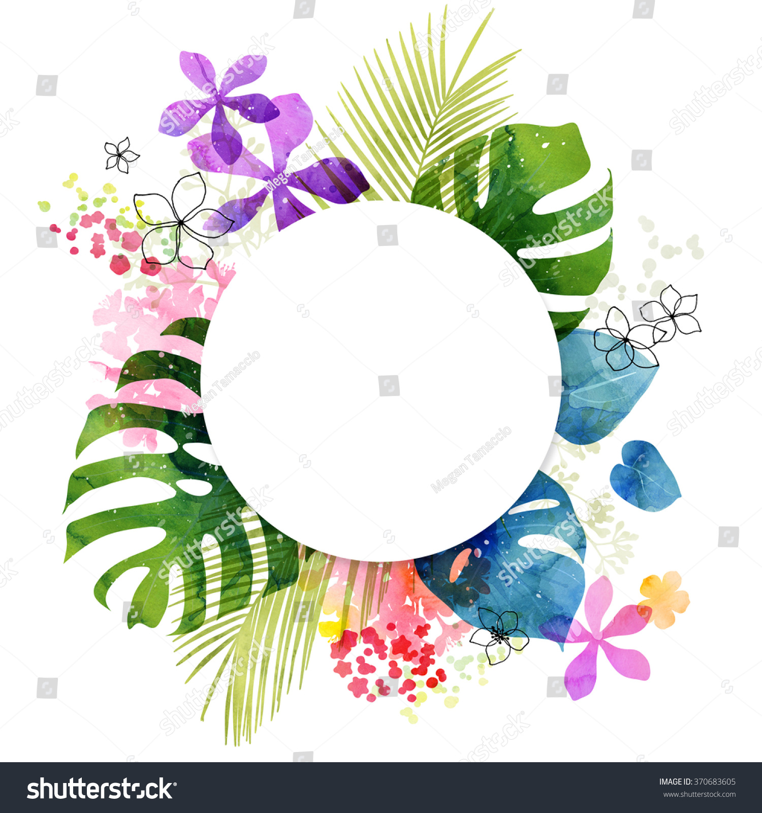 Watercolor Flower Leaves Tropical Background Circle Ilustración de