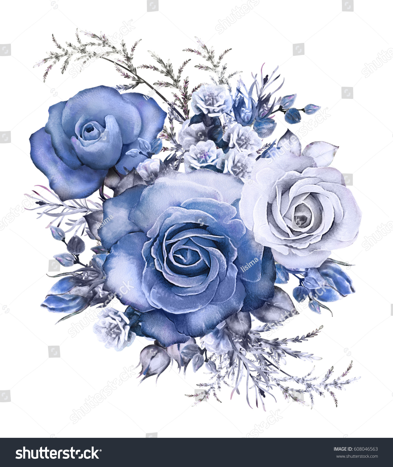 水彩花 花柄のイラスト青いバラ 白い背景に花の枝 葉と芽 結婚式やグリーティングカード用のかわいい作文 のイラスト素材
