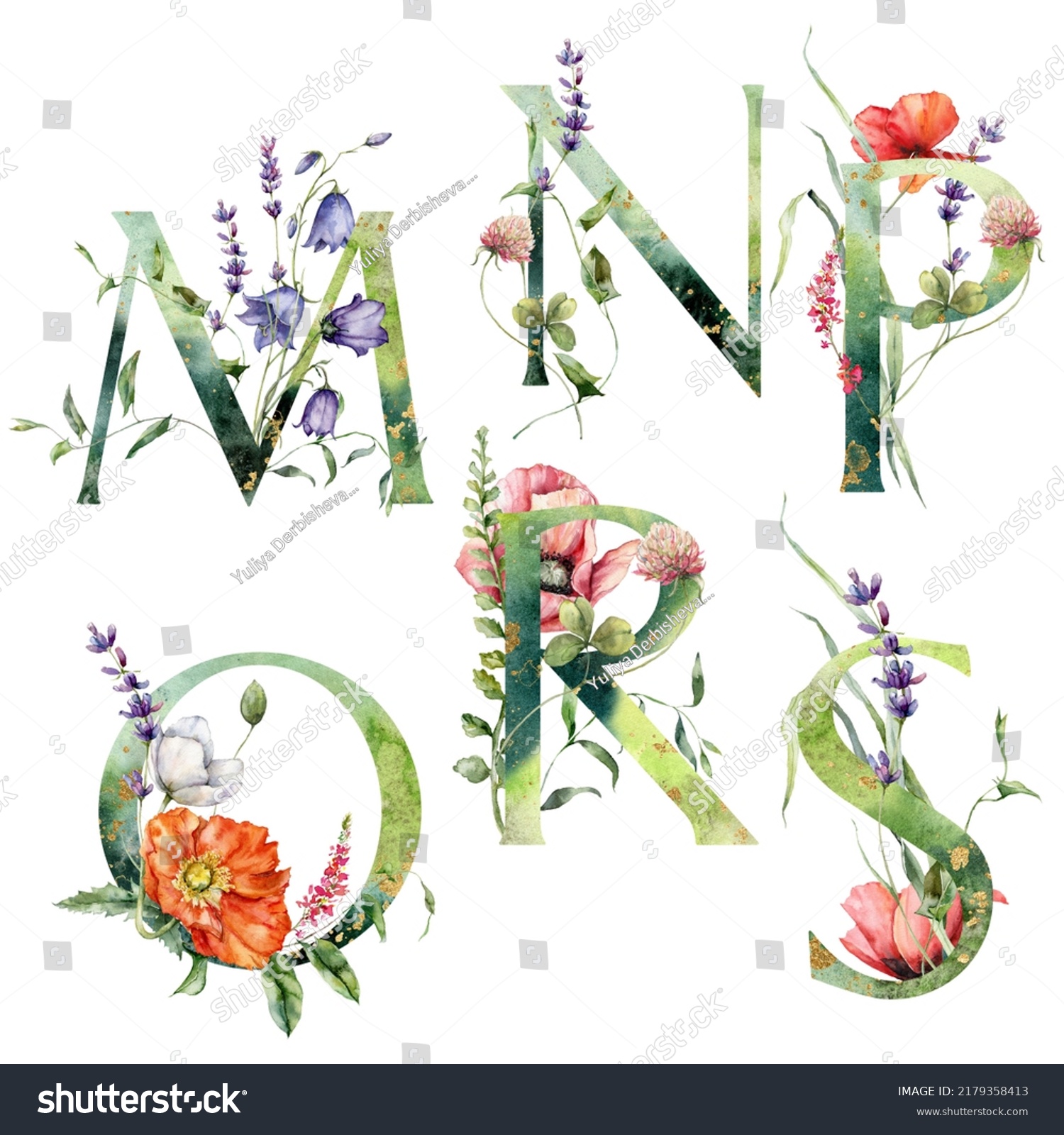 Watercolor Frolal Alphabet Set M N Stock Illustration 2179358413 ...