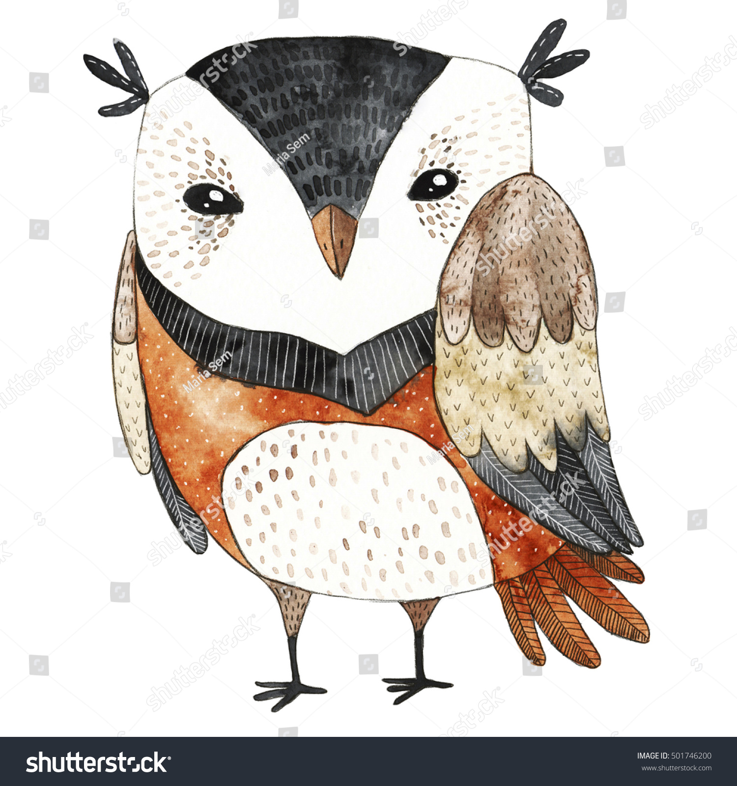 Ilustrasi Stok Watercolor Funny Kids Illustration Owl Hand 501746200