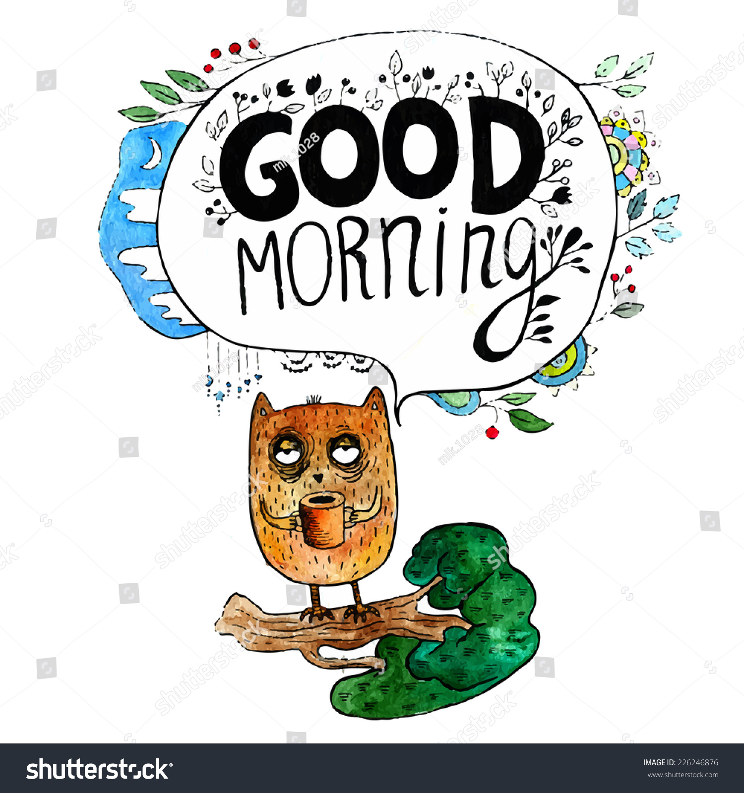 Watercolor Good Morning Owl Illustration Stock Illustration 226246876