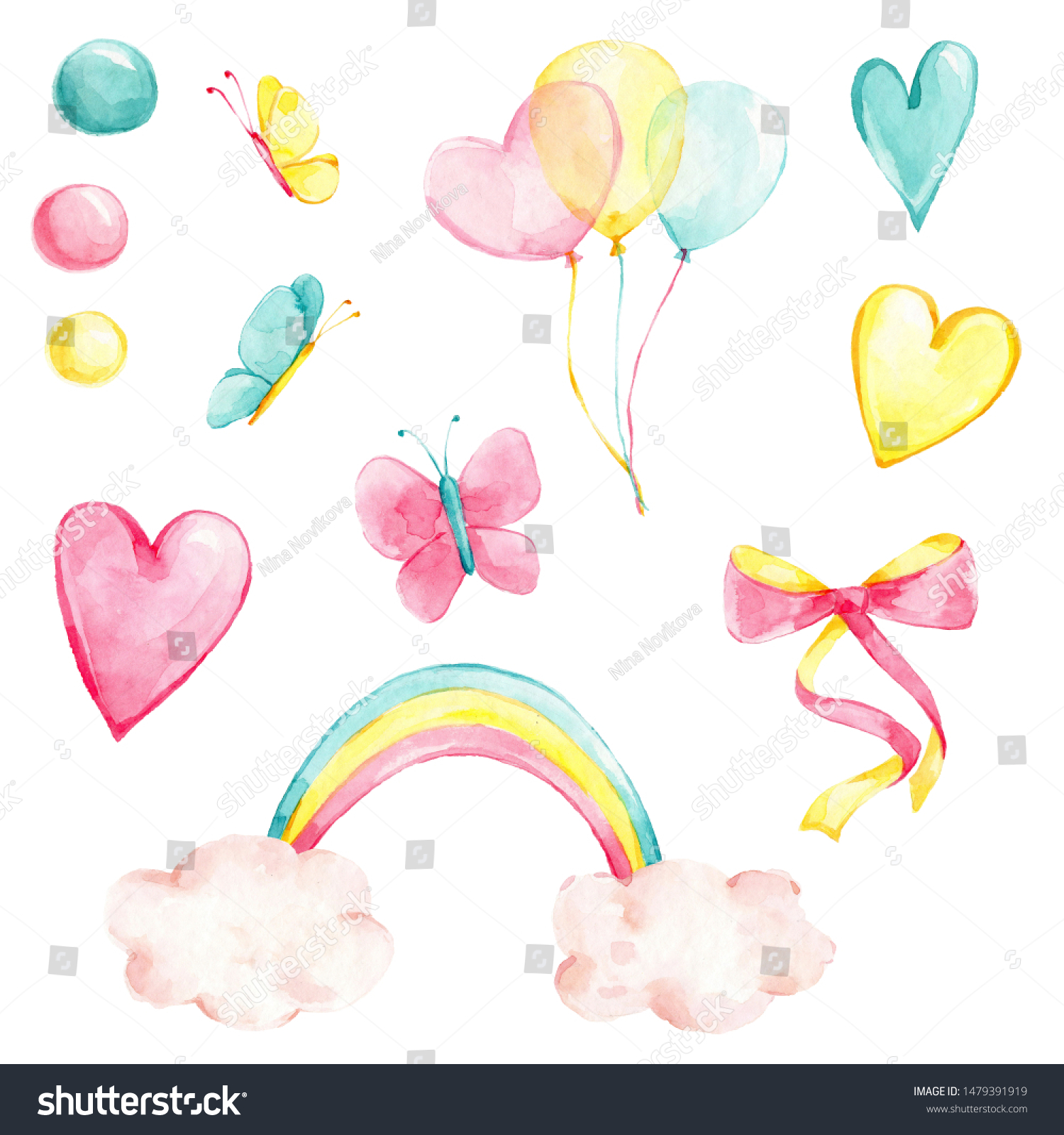 クリエイティブな虹 パステル風船 ピンク 黄色と青のハート 円 かわいい蝶 ピンクと黄色のリボン 蝶結び を使った水彩手描きのイラスト セット 白い背景に のイラスト素材