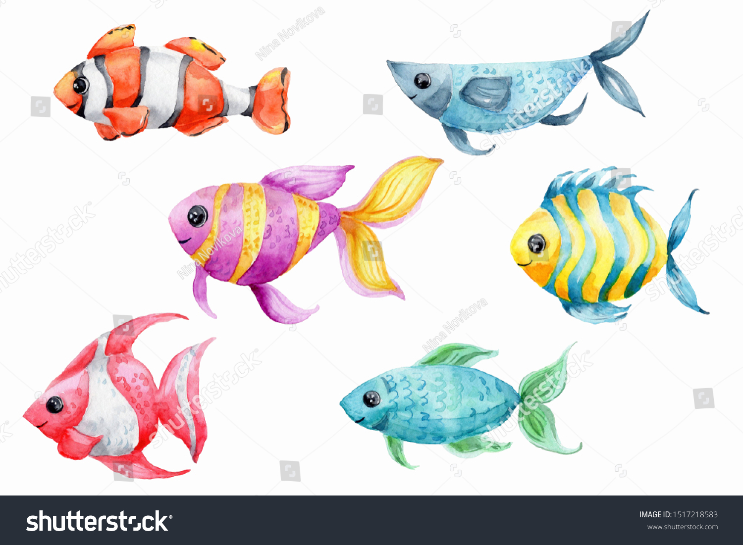 オレンジと赤 青と緑 黄色と紫の魚を使った水彩の手描きのイラストセット 白い背景に のイラスト素材