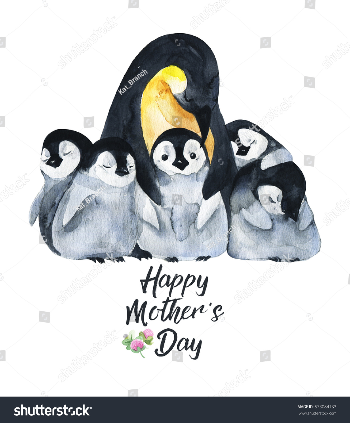 母の日の水彩手描きのカード 白い背景に手描きのリアルなイラスト動物 赤ちゃんとペンギン のイラスト素材