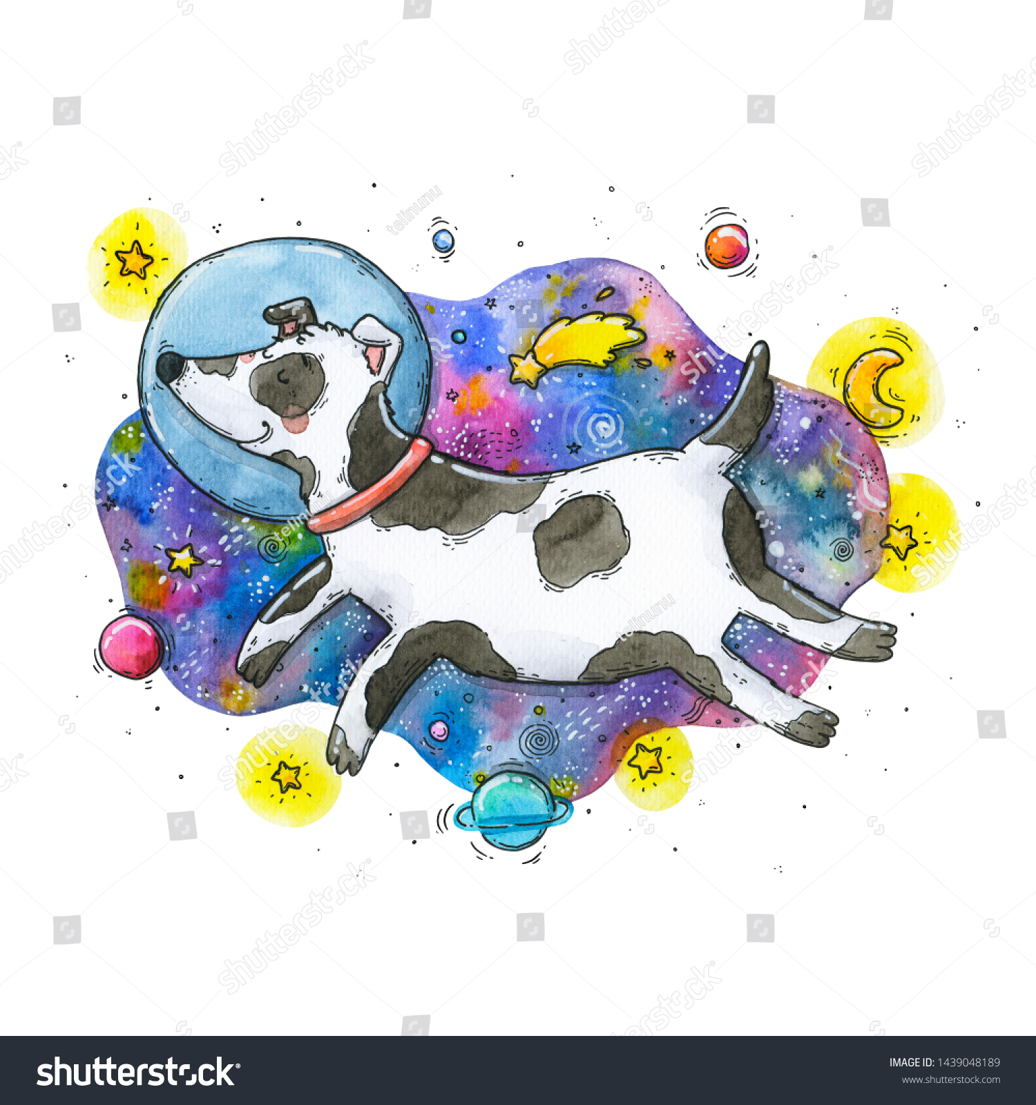 Download Watercolor Hand Drawn Illustration Of A Dreamy Dog Floating In The Colorful Cosmic Splashes Between Stars