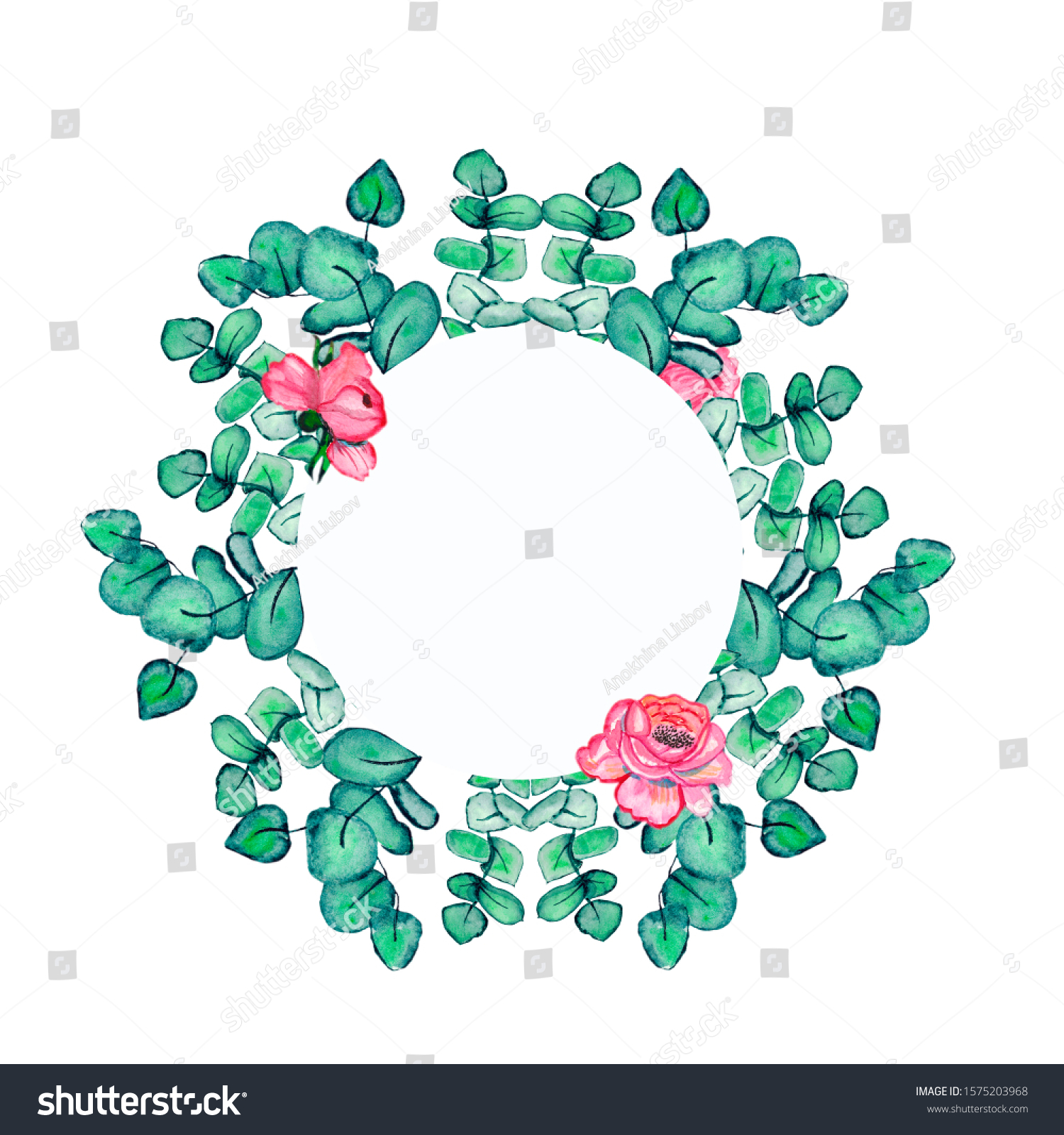 Watercolor Hand Painted Nature Circle Frame Stock Illustration ...