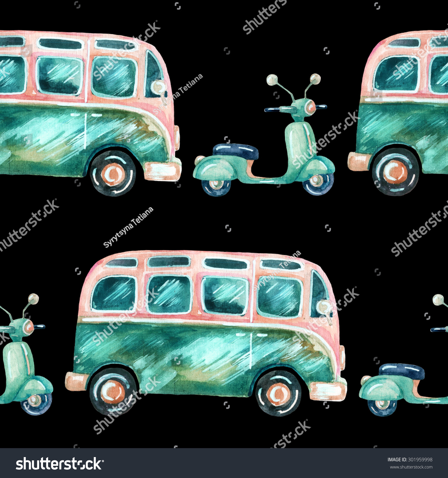 Watercolor Hippie Camper Van Scooter Background Stock Illustration