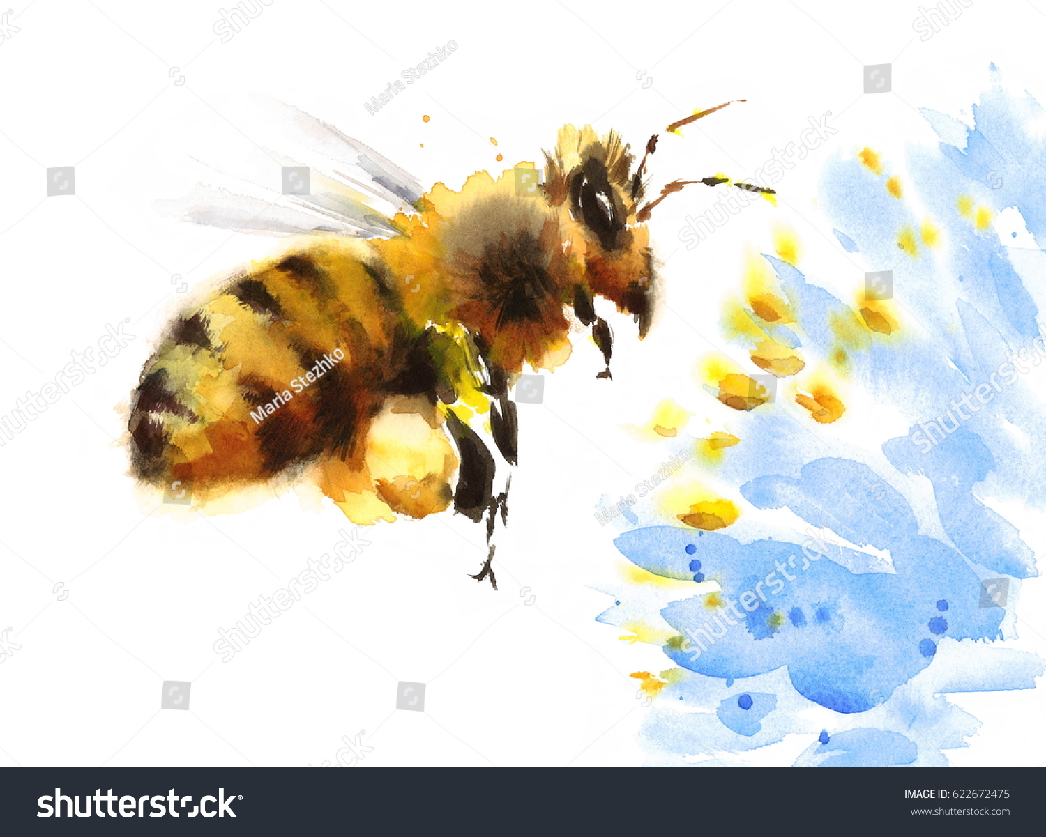 青の花の背景に水色の蜂蜜が飛び 白い背景にペイントされた夏のイラスト のイラスト素材