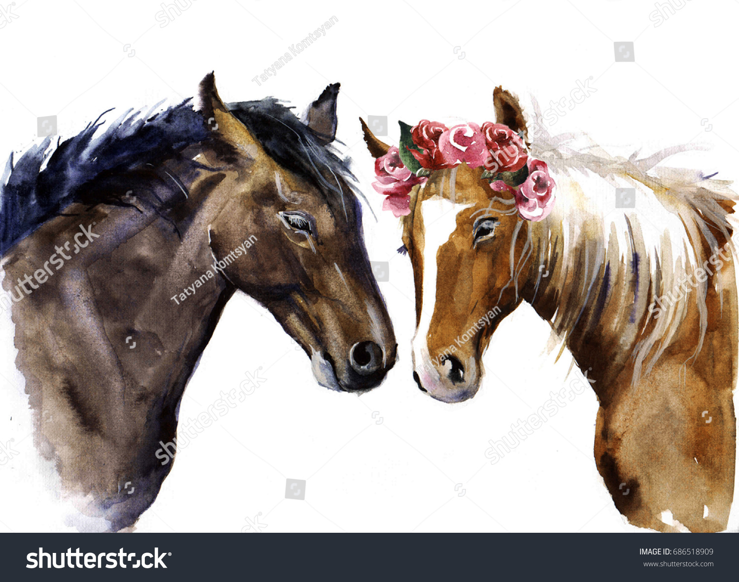 Watercolor Horses Flowers Cute Horses Love Stock Illustration 686518909