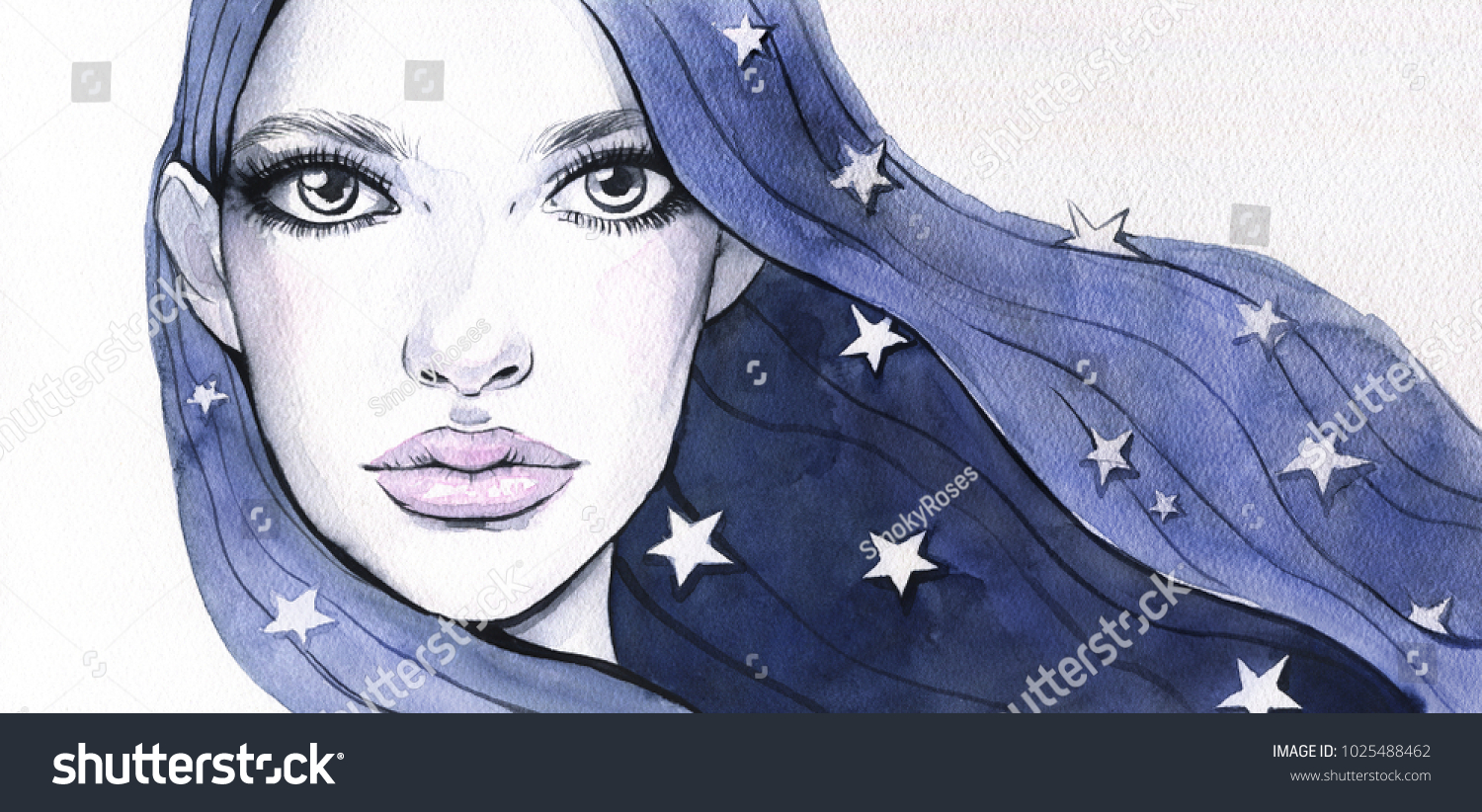 Watercolor Illustration Beautiful Girl Blue Hair Stock Illustration