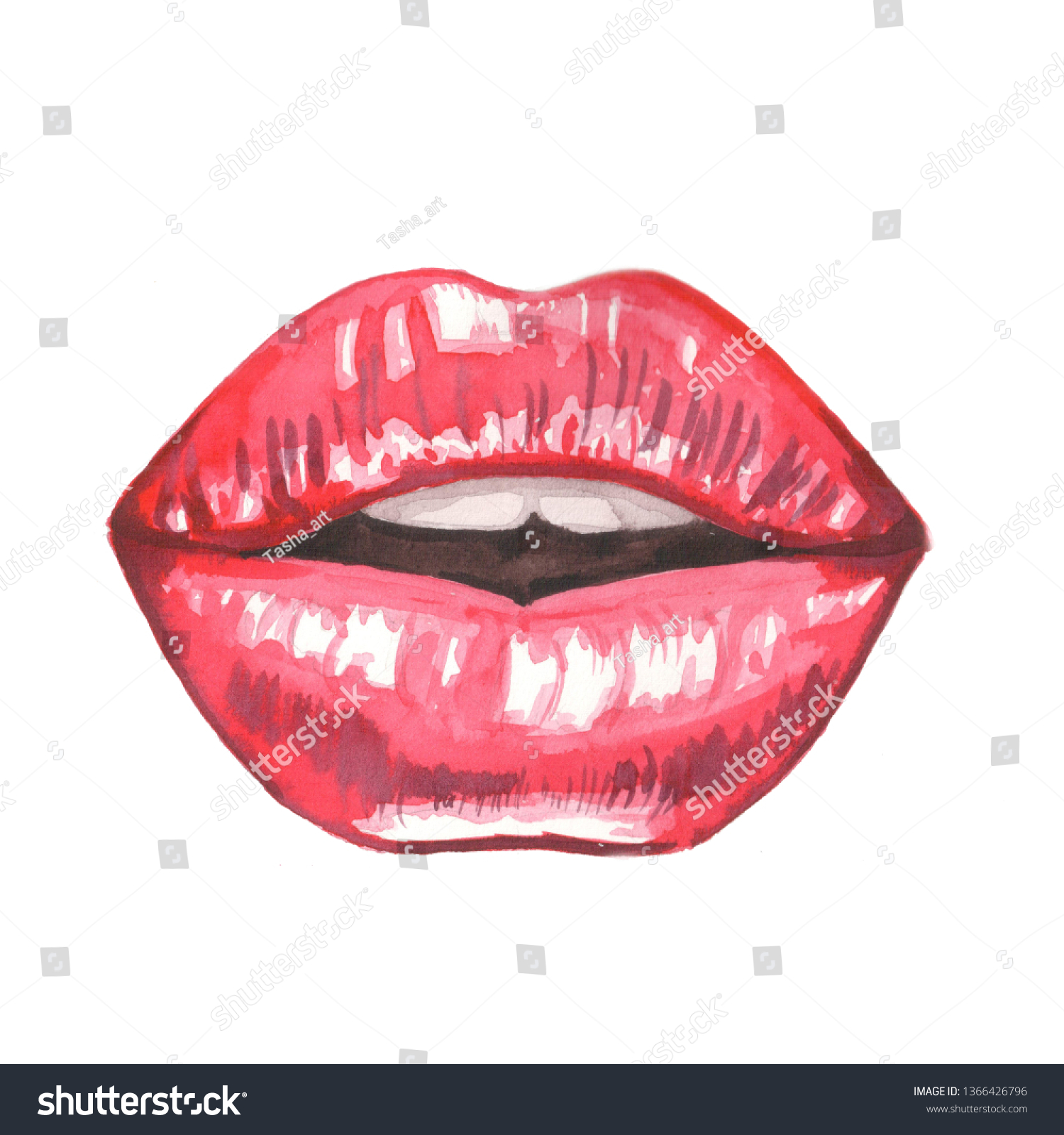 Watercolor Illustration Bright Red Lips Stock Illustration 1366426796 ...