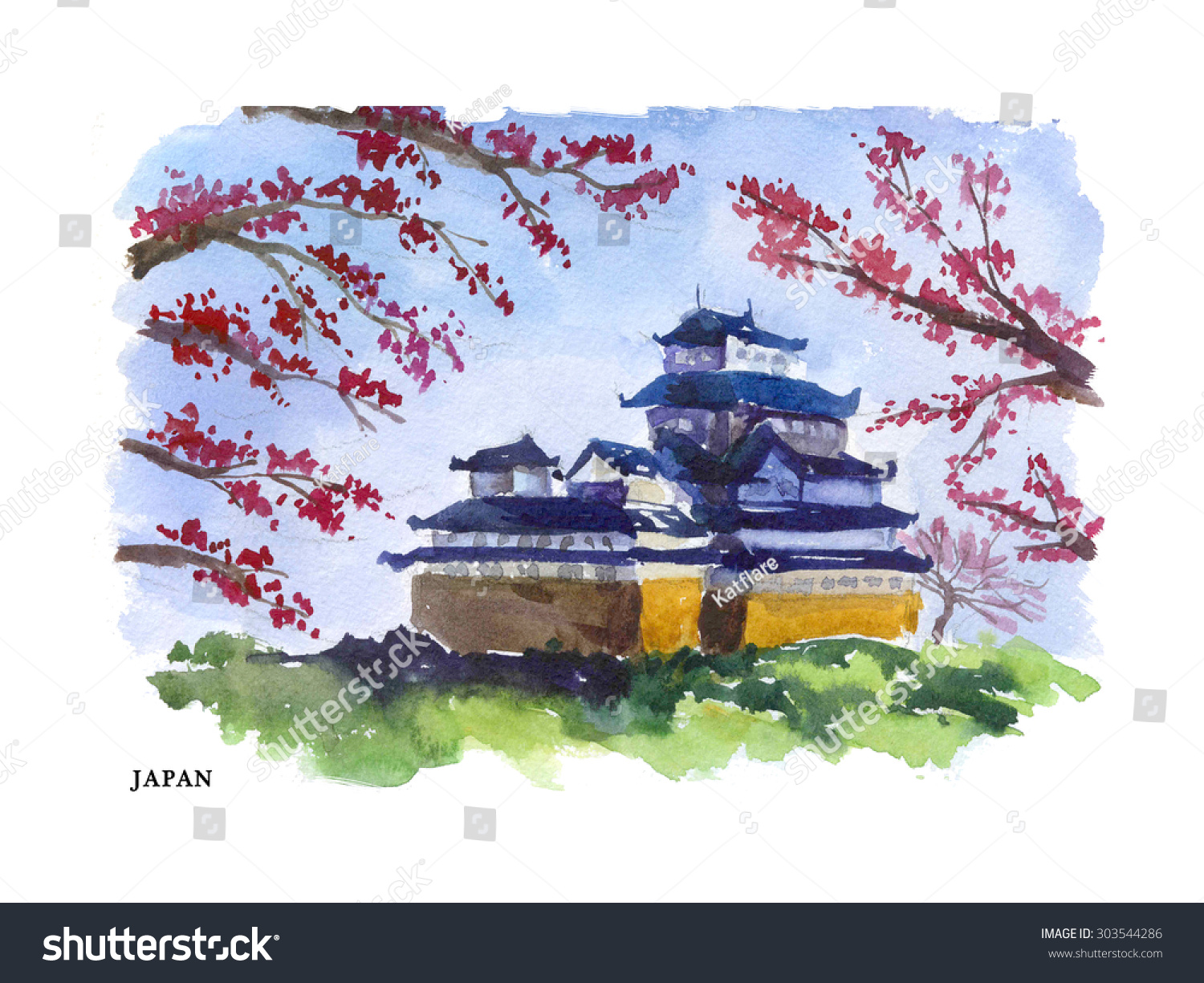 watercolor illustration japan sightseeings traditional castle watercolor illustration japan sightseeings traditional castle
