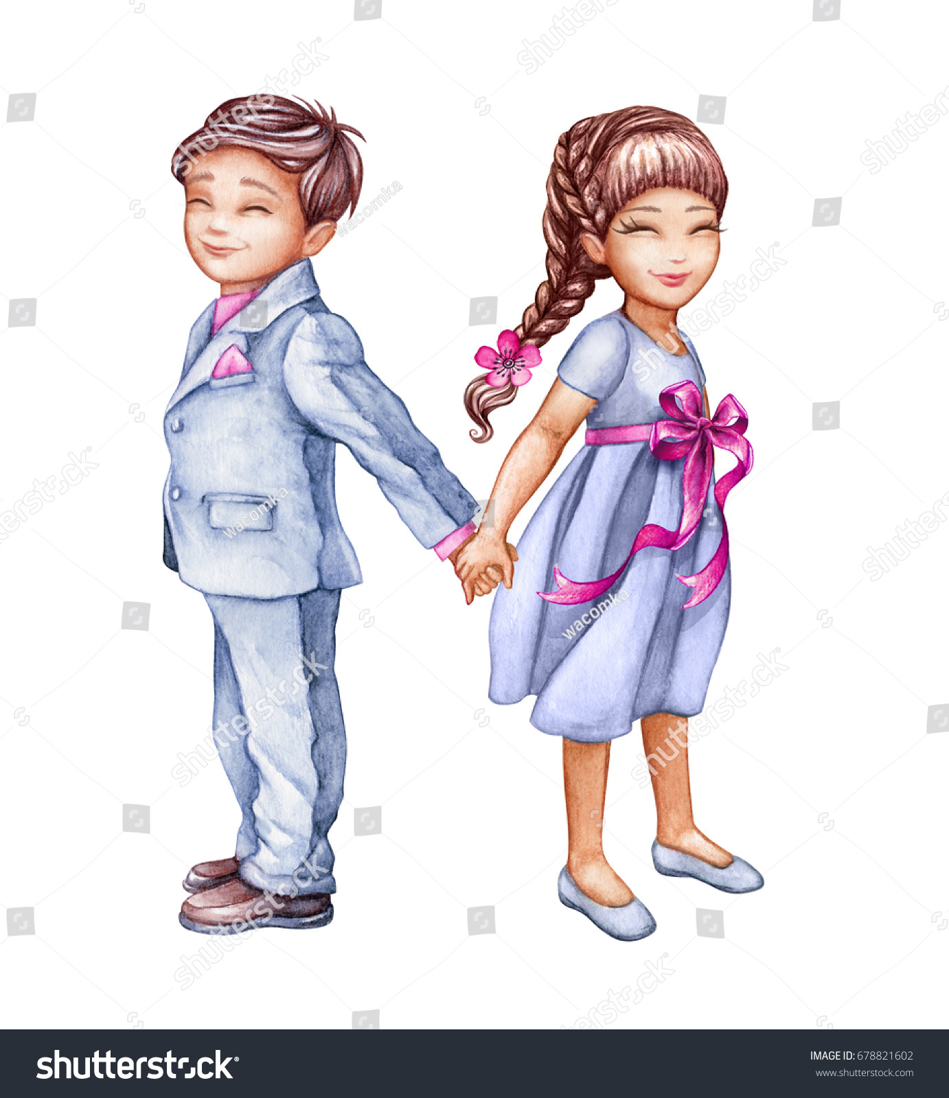 Watercolor Illustration Romantic Couple Cute Kids Stock Illustration