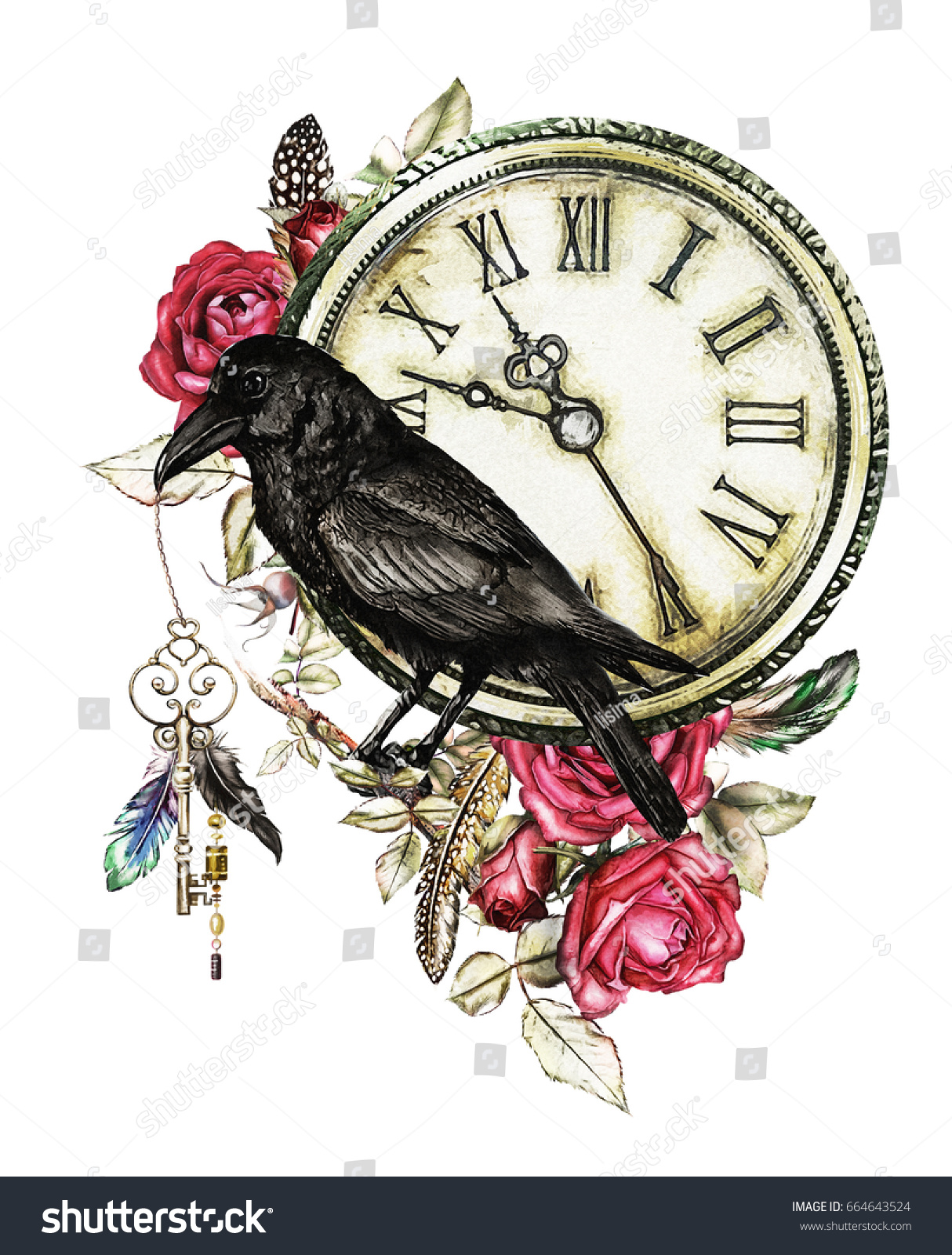 カラス 赤いバラ 時計 鍵 羽の付いた水彩イラスト ゴシックの背景に花 Tシャツ タトゥーの格好いい印刷 ビンテージ のイラスト素材