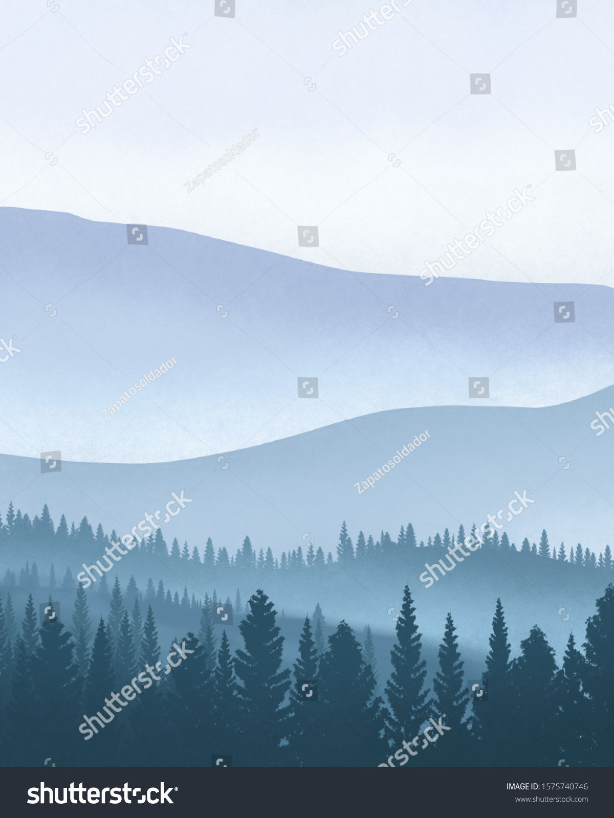 Watercolor Indigo Foggy Mountains Misty Forest Stock Illustration