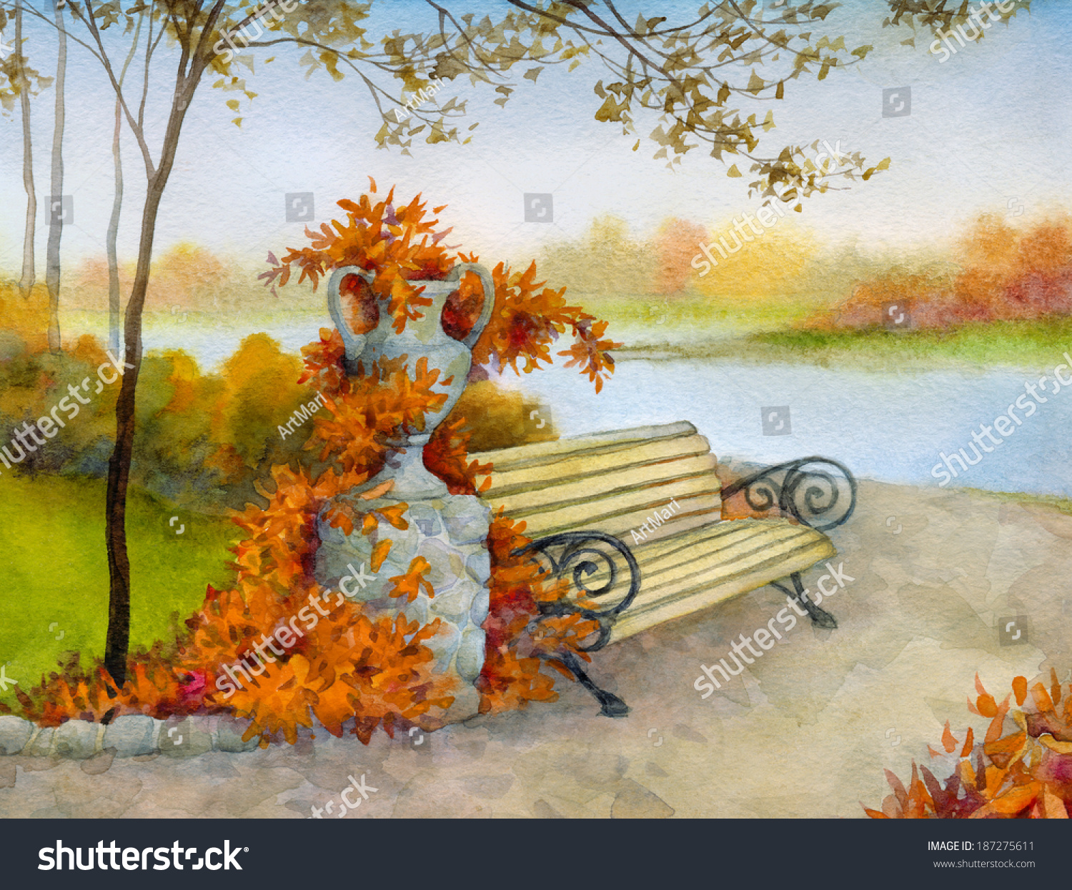 Watercolor Landscape Decorative Bench Near Trail Stock Illustration ...