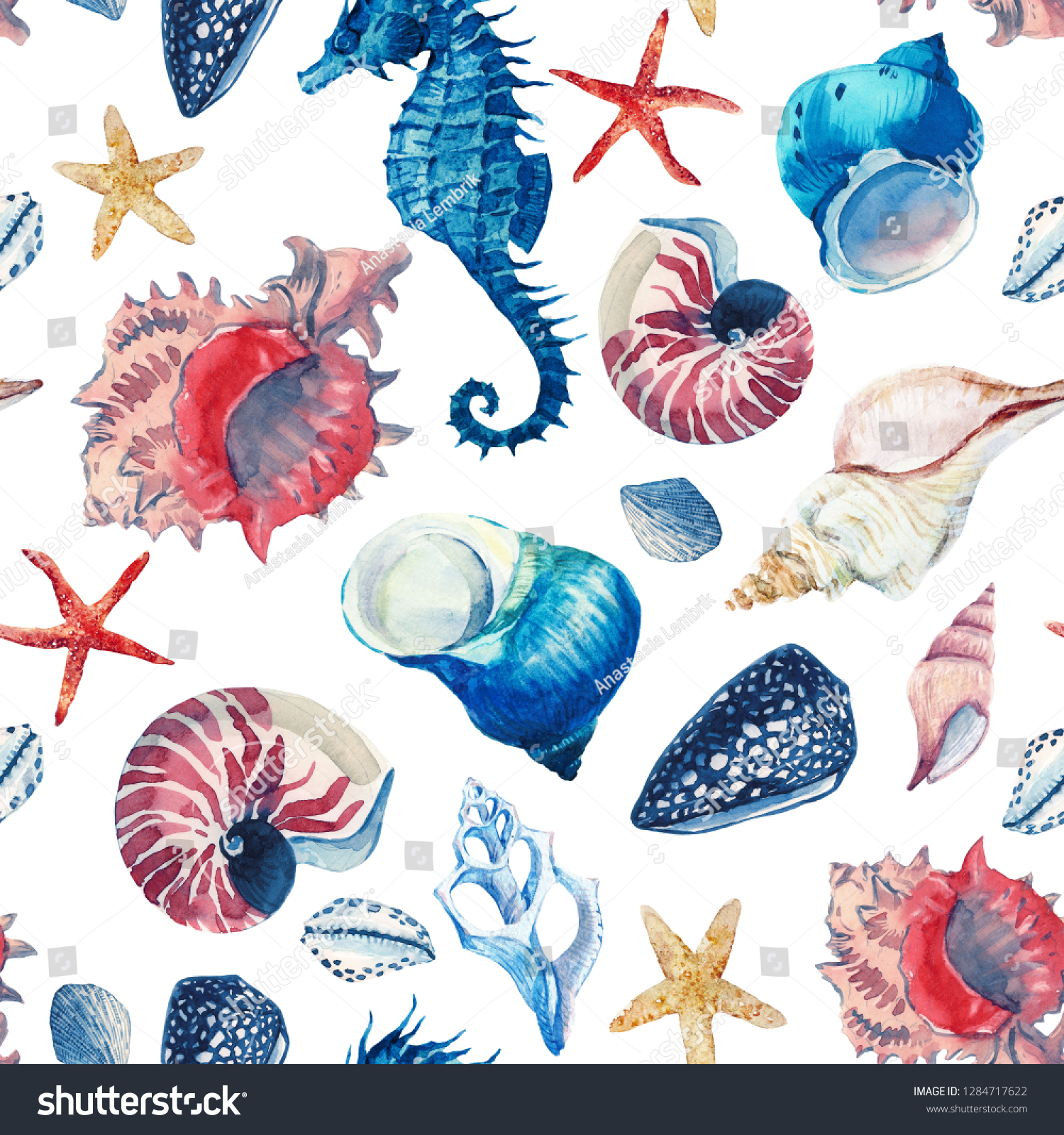 Watercolor Marine Pattern Wallpaper Seashells Beach Stock Illustration ...