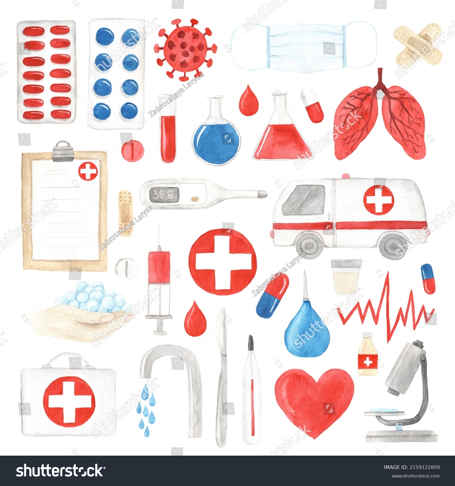 Watercolor Medicine Symbols Icons Clipart Hand Stock Illustration ...