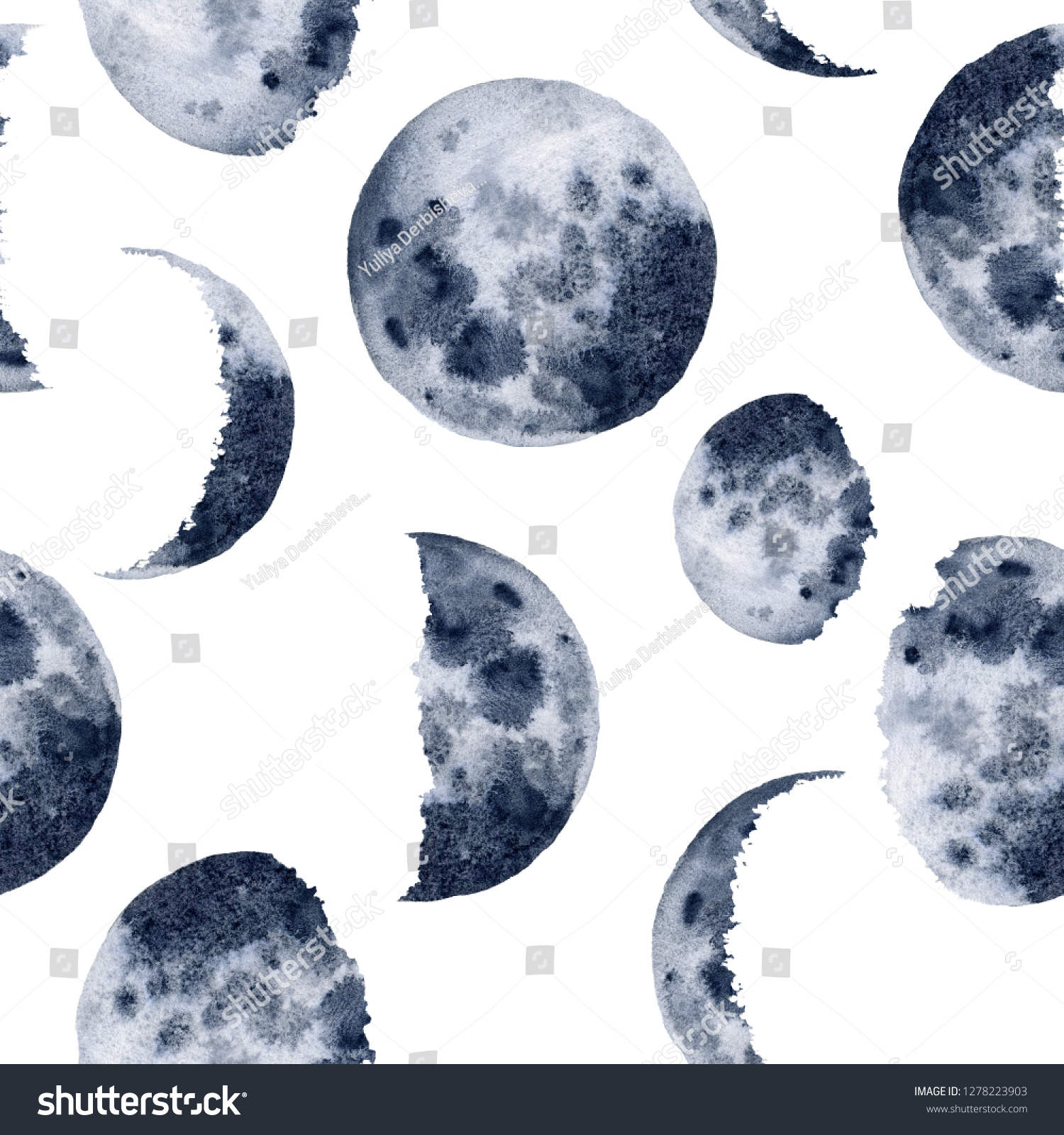 Watercolor Moon Phases Pattern Hand Painted Stock Illustration