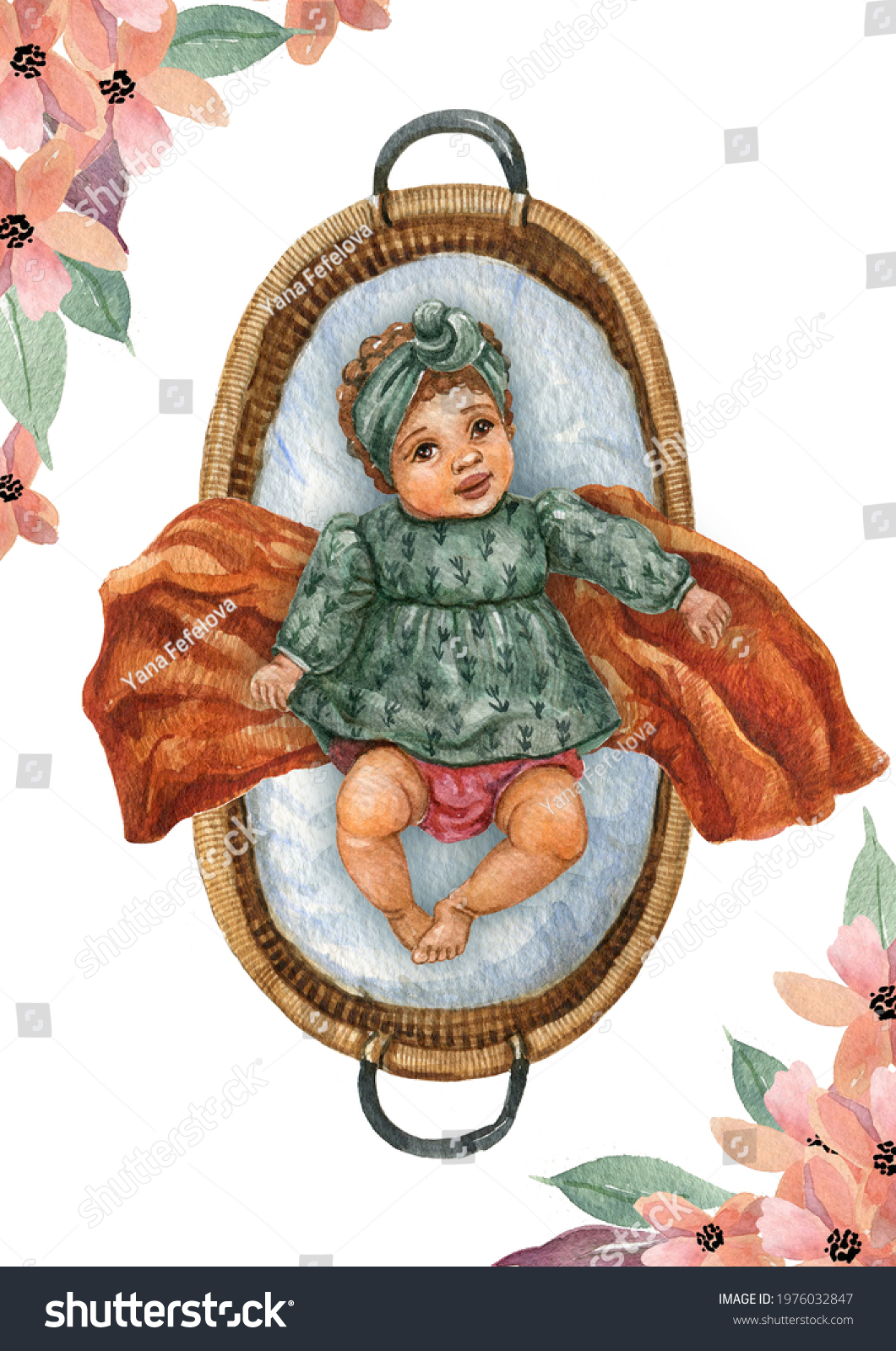Watercolor Newborn Baby Girl Moses Basket Stock Illustration 1976032847
