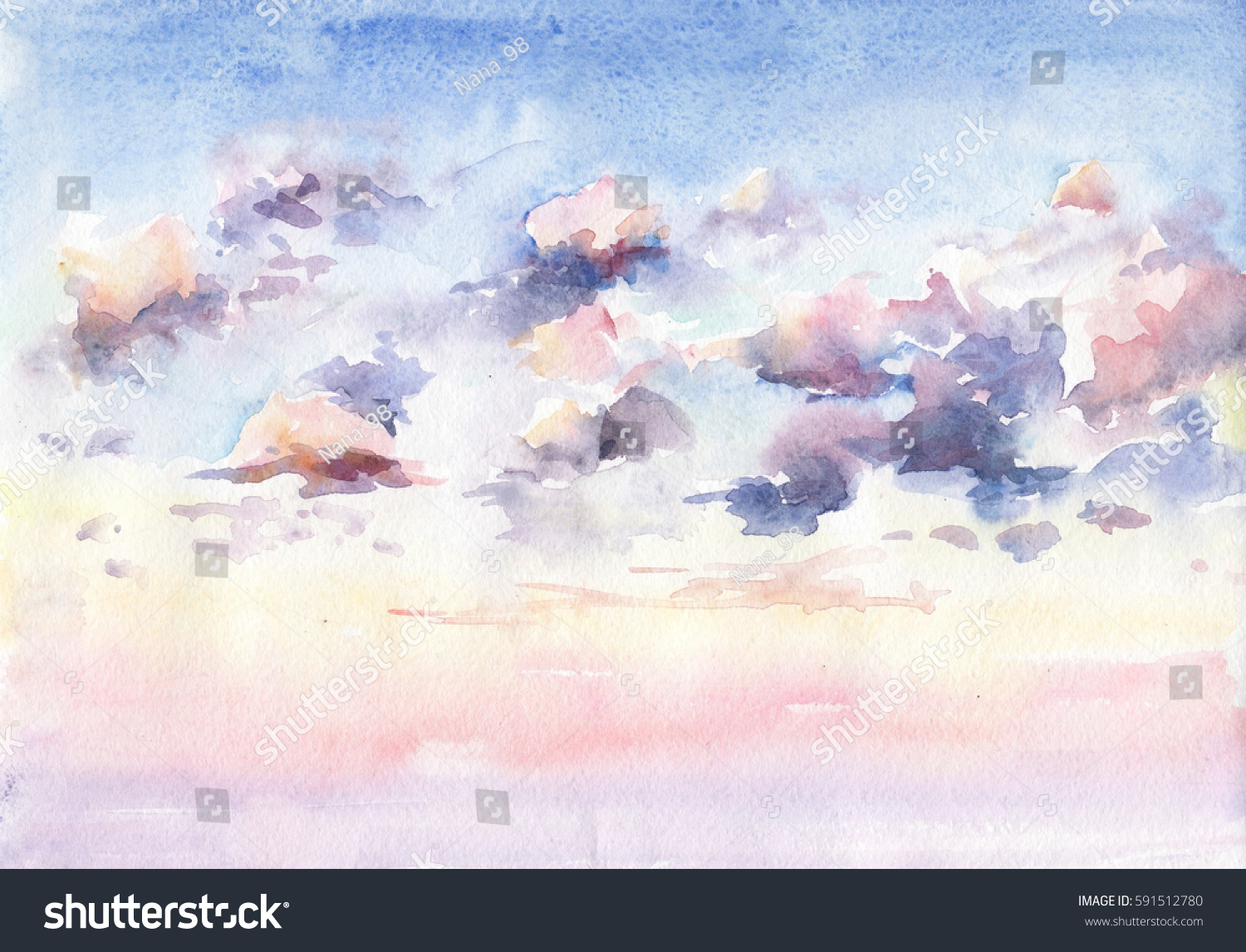 Watercolor Painted Sunset Cloudy Sky Beautiful Stock Illustration
