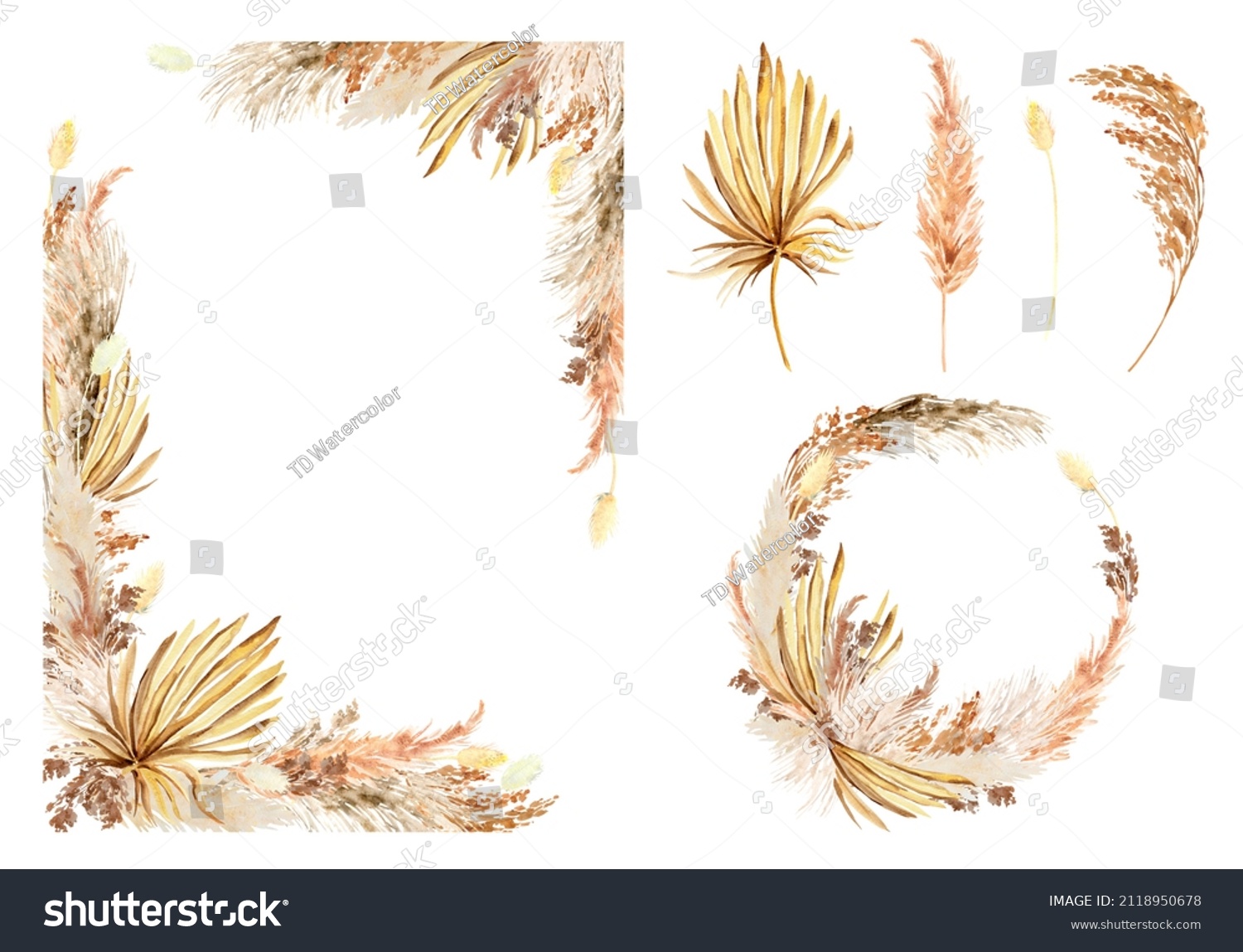 Watercolor Pampas Grass Border Wreath Set Stock Illustration 2126469776