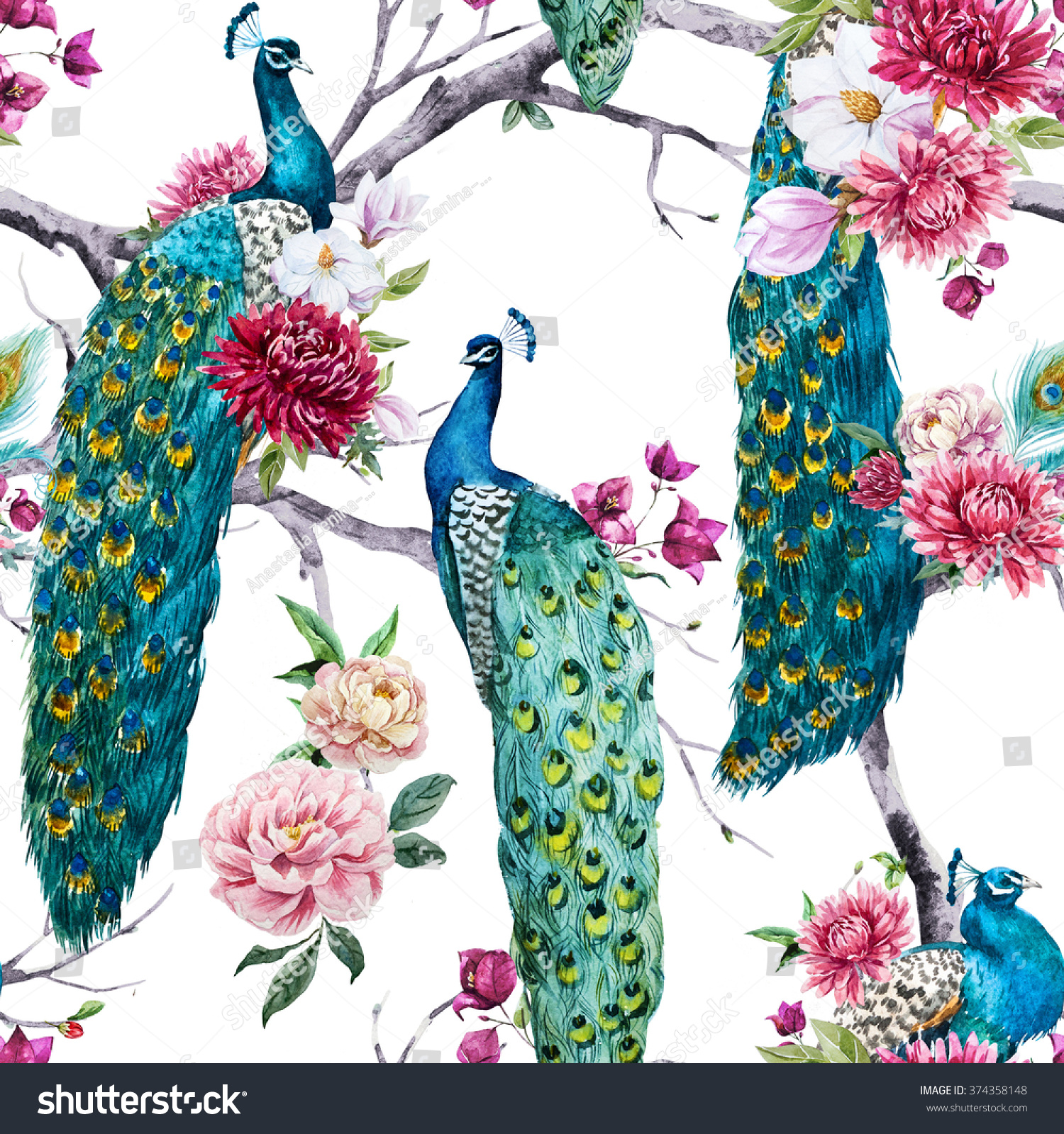 Watercolor Pattern Peacock Sitting On Tree Stock Illustration 374358148