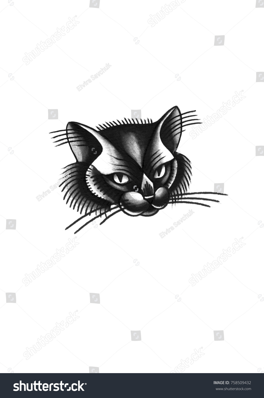 Watercolor Portrait Black Cat Oldschool Tattoo Stock Illustration