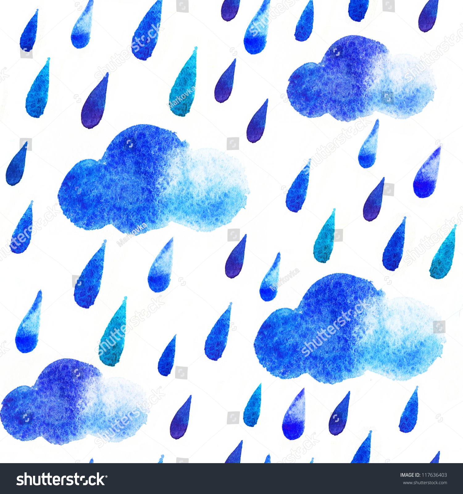 Watercolor Rain Drops And Clouds, Seamless Background With Stylized ...