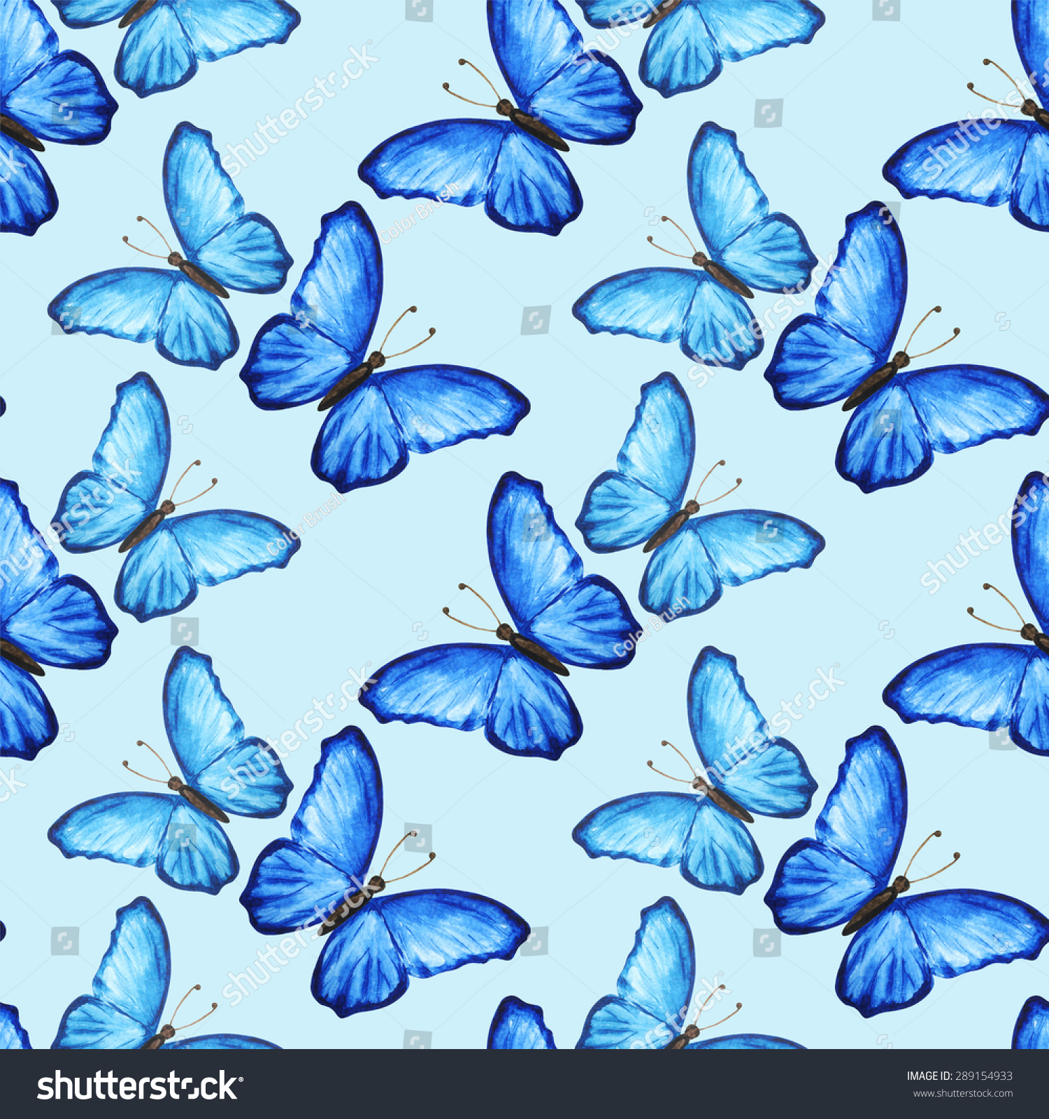 Watercolor Seamless Pattern Blue Flying Butterflies Stock Illustration ...