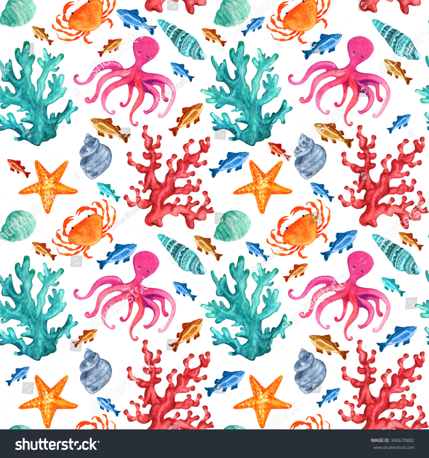 Watercolor Seamless Pattern With Colourful Cartoon Fishes, Corals, Sea ...