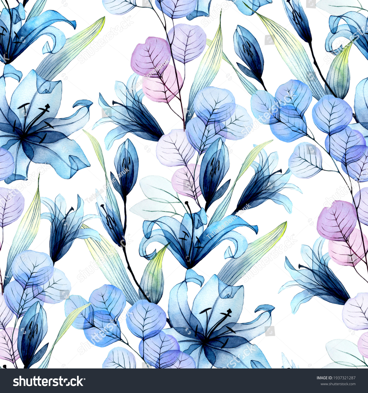 watercolor seamless pattern with transparent flowers. blue lily flowers pink eucalyptus leaves on a white background.
