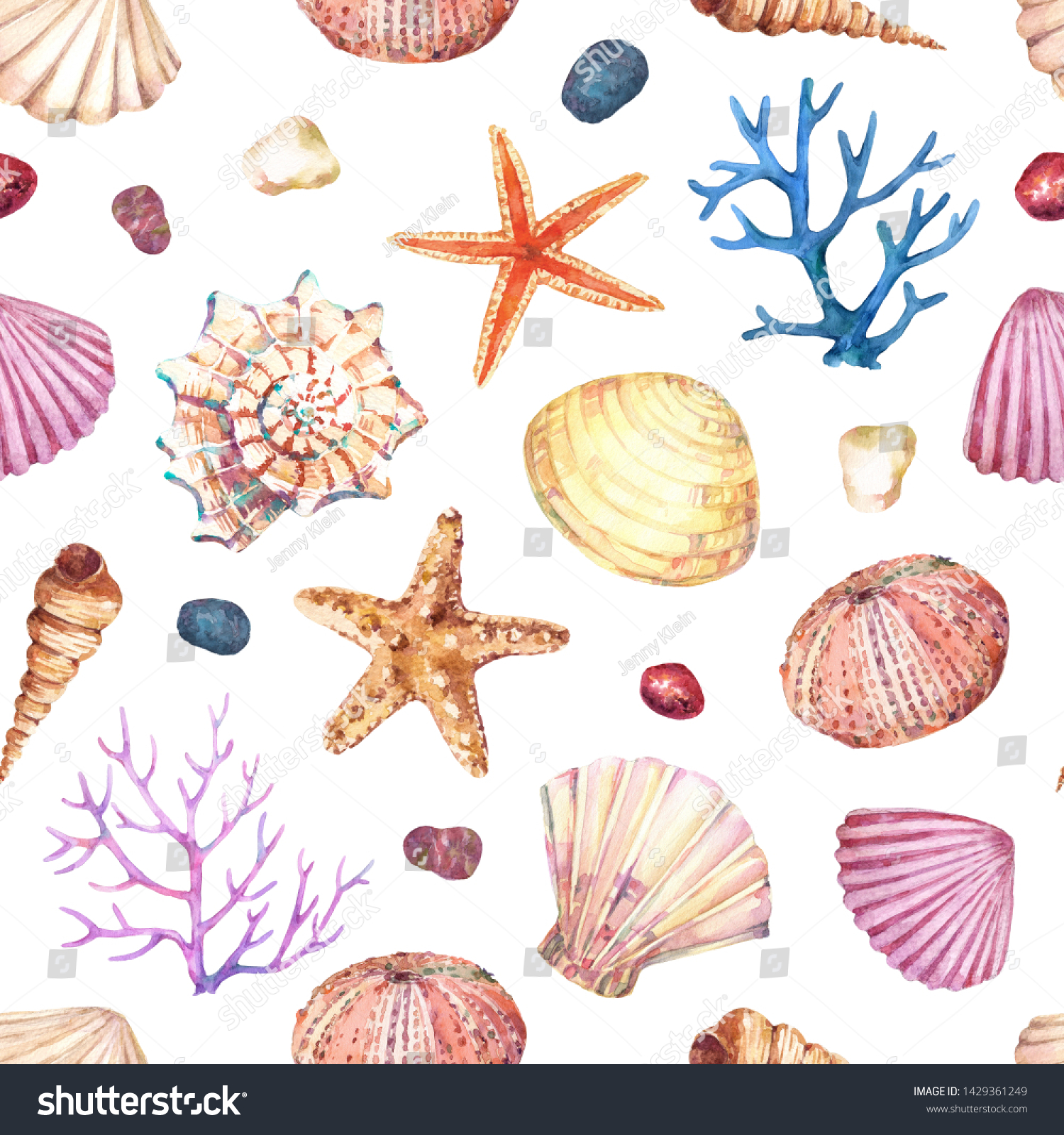 海殻 ヒトデ サンゴ 石 ウニなど 水中の生物とシームレスな水彩柄 のイラスト素材 Shutterstock
