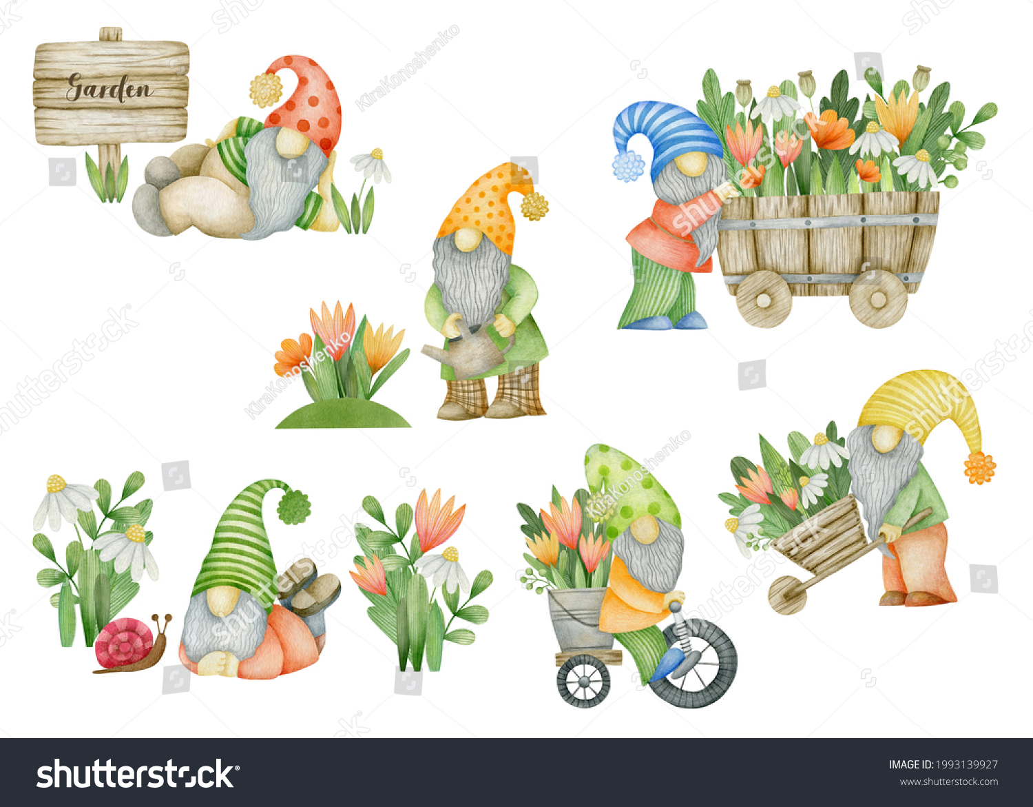 Watercolor Set Garden Gnomes Isolated On Stock Illustration 1993139927