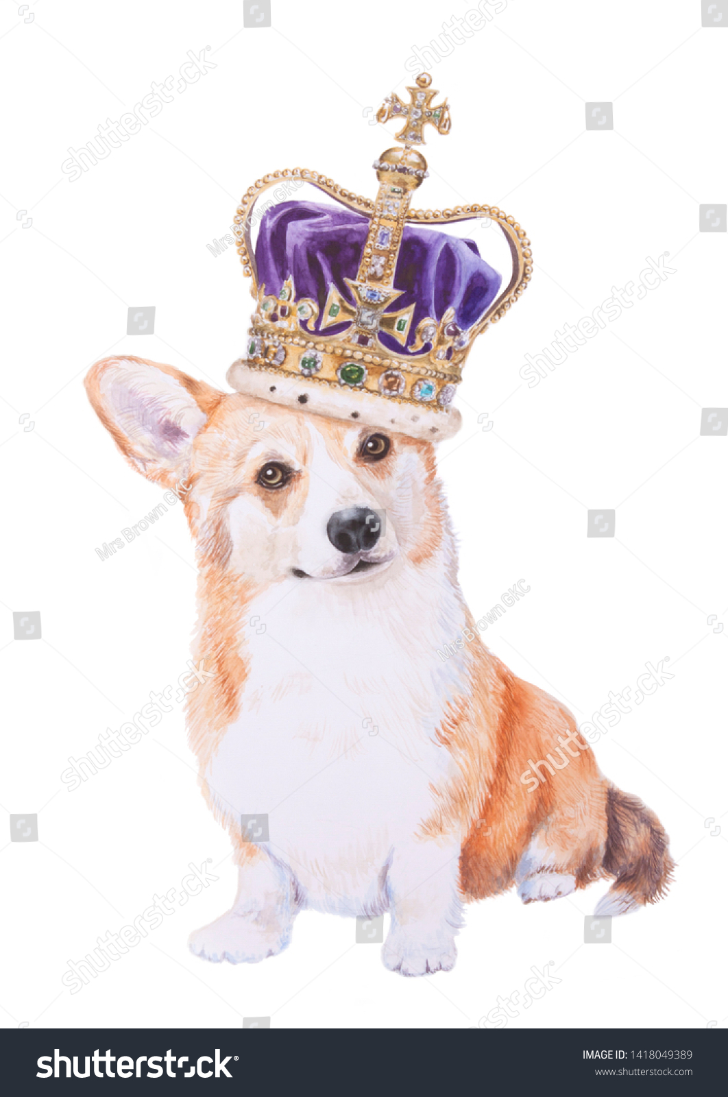 Watercolor Sitting Corgi Crown On Head Stock Illustration 1418049389 ...