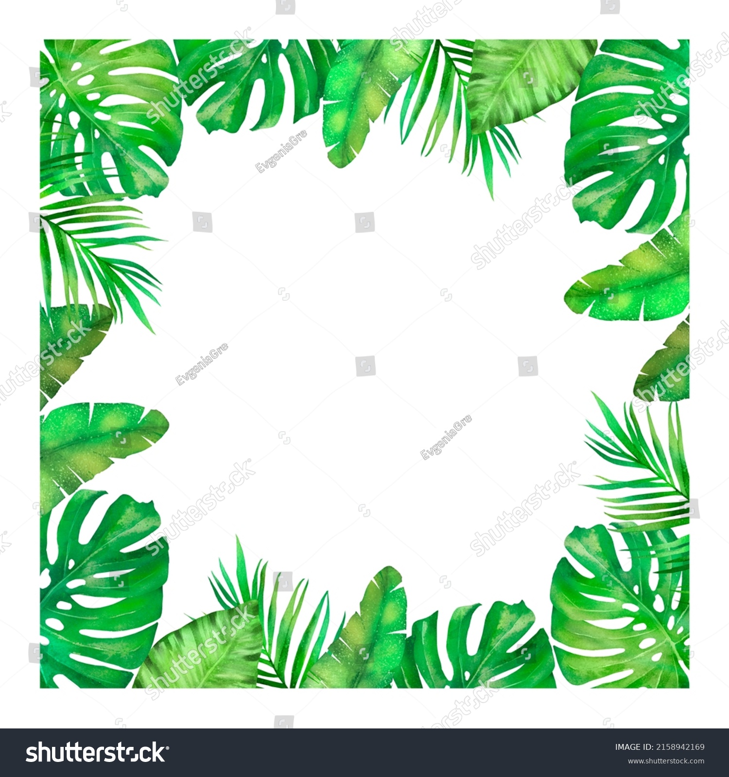 Watercolor Square Frame Tropical Greenery Frame Stock Illustration ...